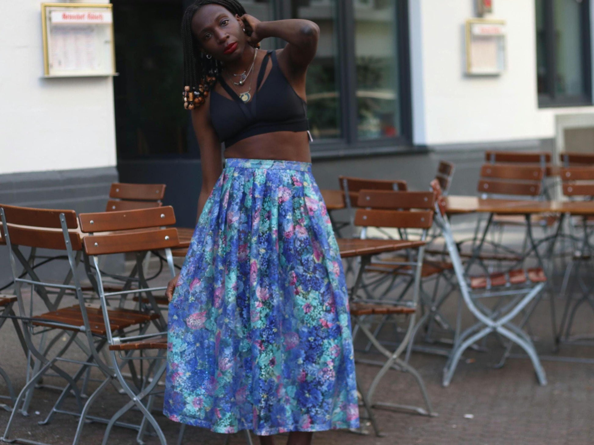 Vintage 90s Sheer Floral Midi Skirt – Blue Purple Watercolor Print