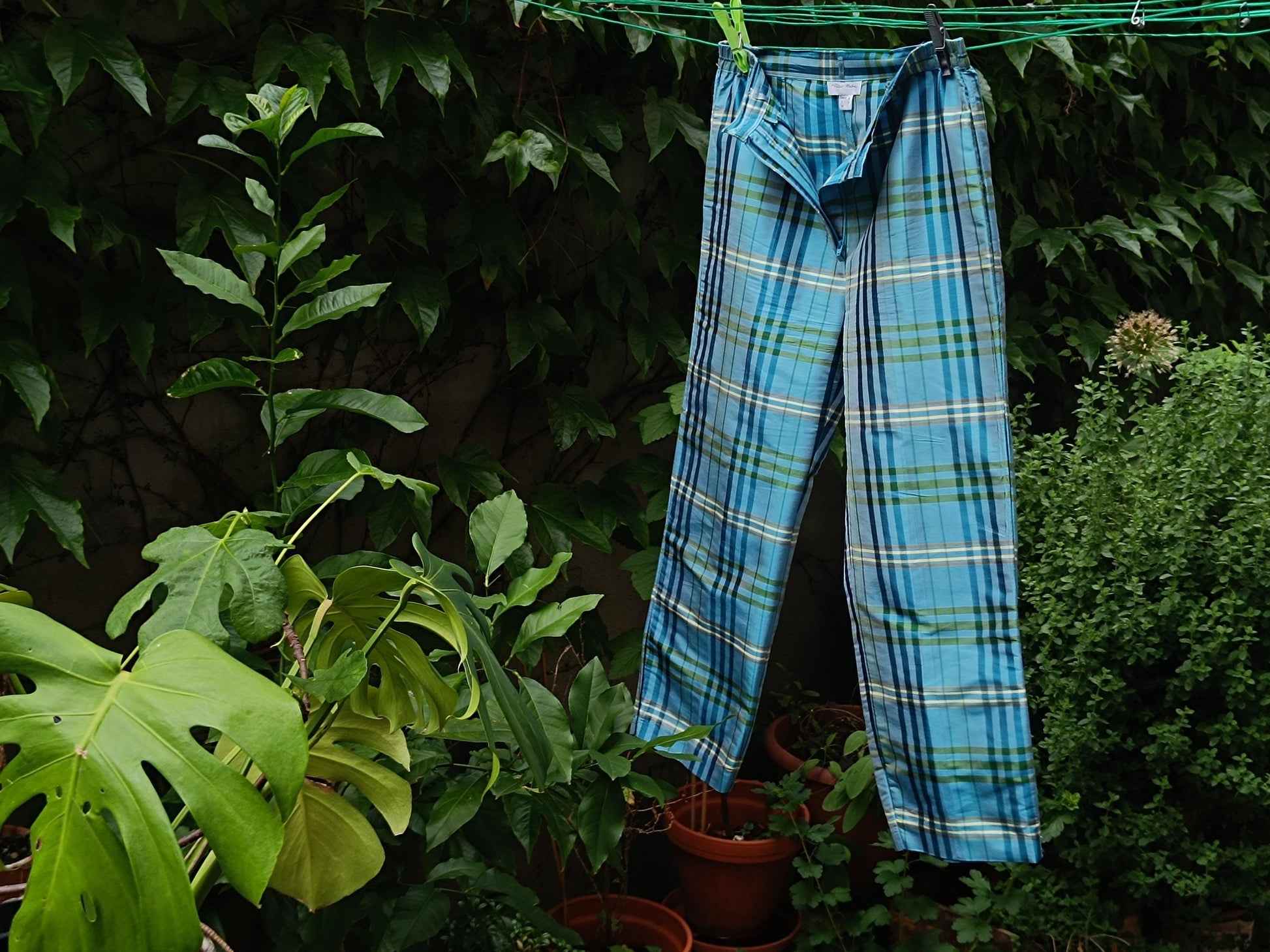 Vintage Silk Pants| Retro 90s Blue Green Cropped Wide Leg Trousers| Preppy Comfortable High Waisted Summer Peter Hahn Capris