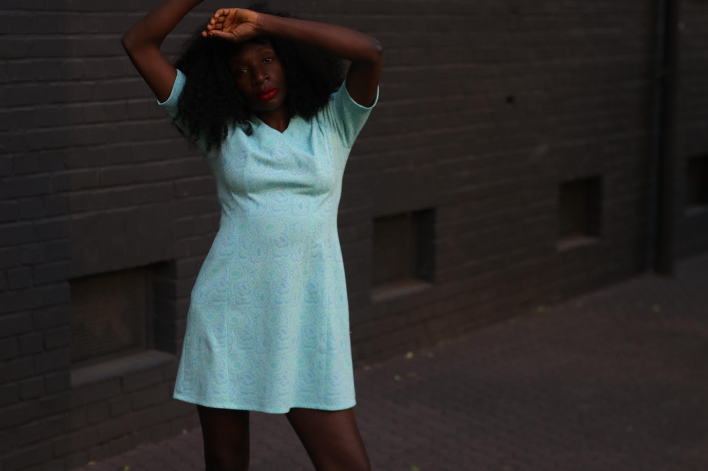 Vintage 70s Handmade Mini Dress in Blue with shorts sleeves Paisley print.