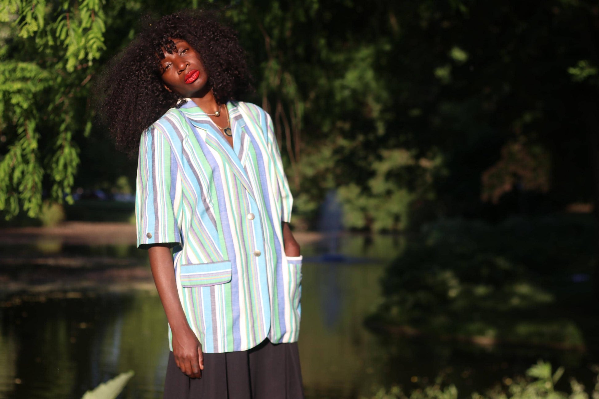 Vintage Striped Short Sleeve Blazer Pastel Blue Green Summer Jacket Oversized 80s