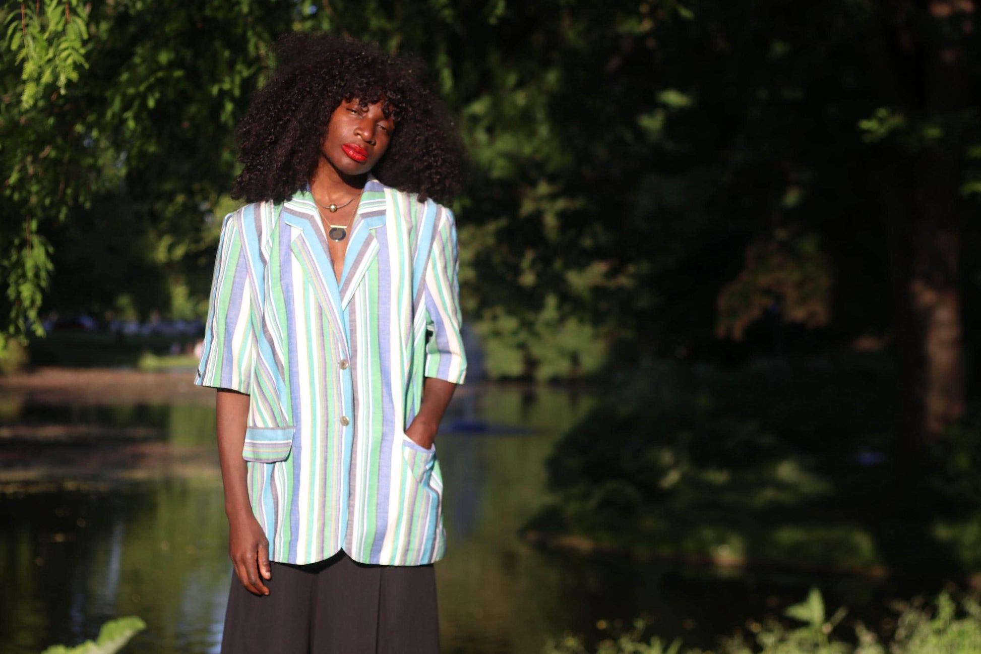 Vintage Striped Short Sleeve Blazer Pastel Blue Green Summer Jacket Oversized 80s