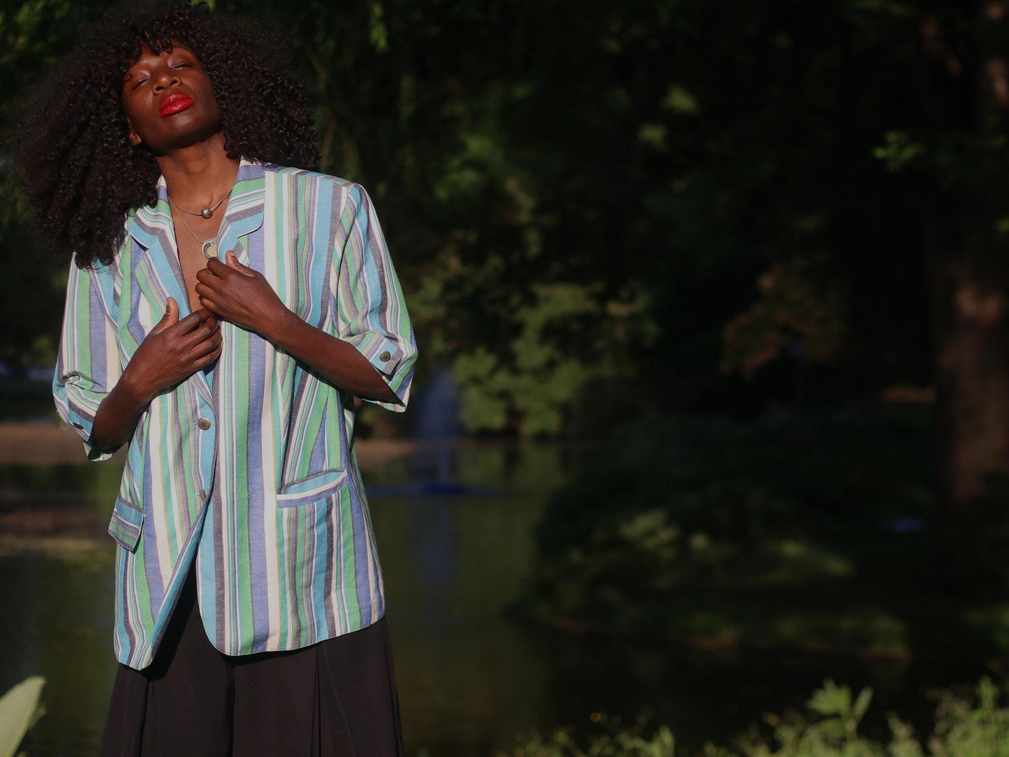 Vintage Striped Short Sleeve Blazer Pastel Blue Green Summer Jacket Oversized 80s