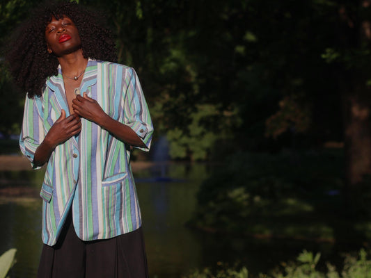 Vintage Striped Short Sleeve Blazer Pastel Blue Green Summer Jacket Oversized 80s