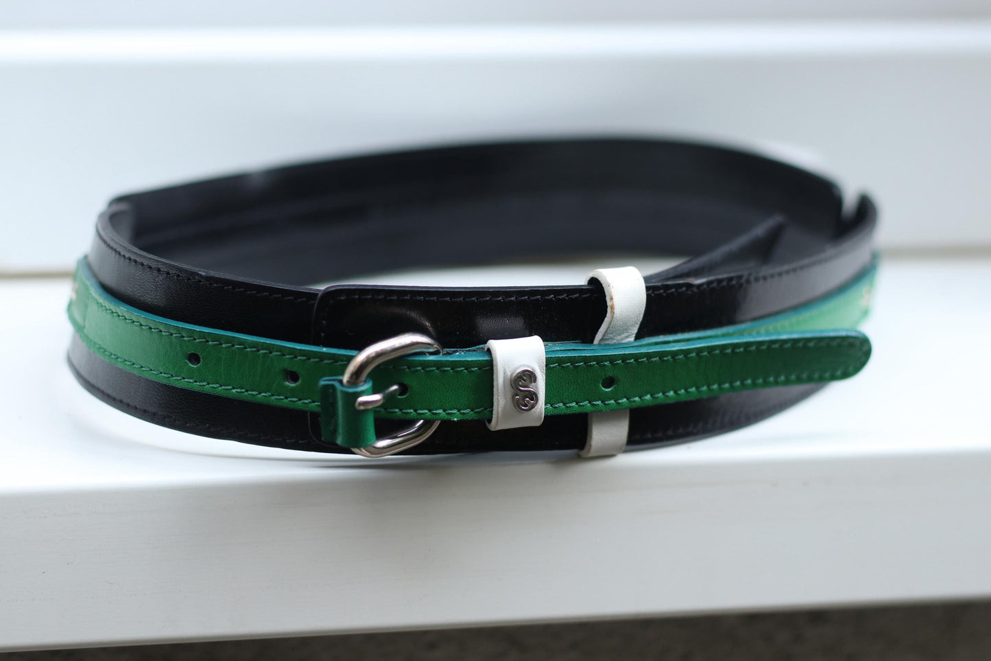 Vintage Escada Sport Reversible Leather Belt – Black & Green D-Ring Buckle – Designer Wide Waist Belt – 90s Statement Belt – Adjustable Eque
