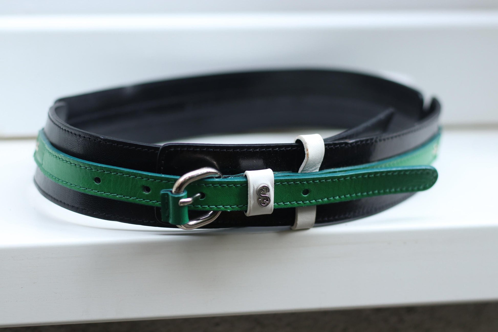 Vintage Escada Sport Reversible Leather Belt – Black & Green D-Ring Buckle – Designer Wide Waist Belt – 90s Statement Belt – Adjustable Eque