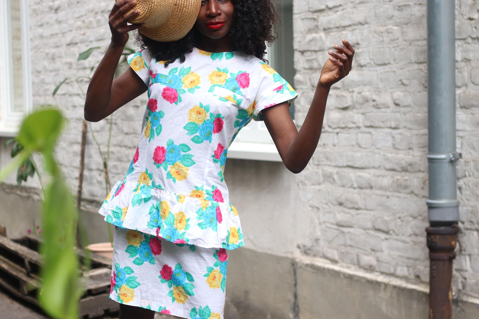 Handmade 80s Floral Peplum Dress, Bright Rose Print, Vintage Summer Party Dress, Cottagecore Garden Tea Dress