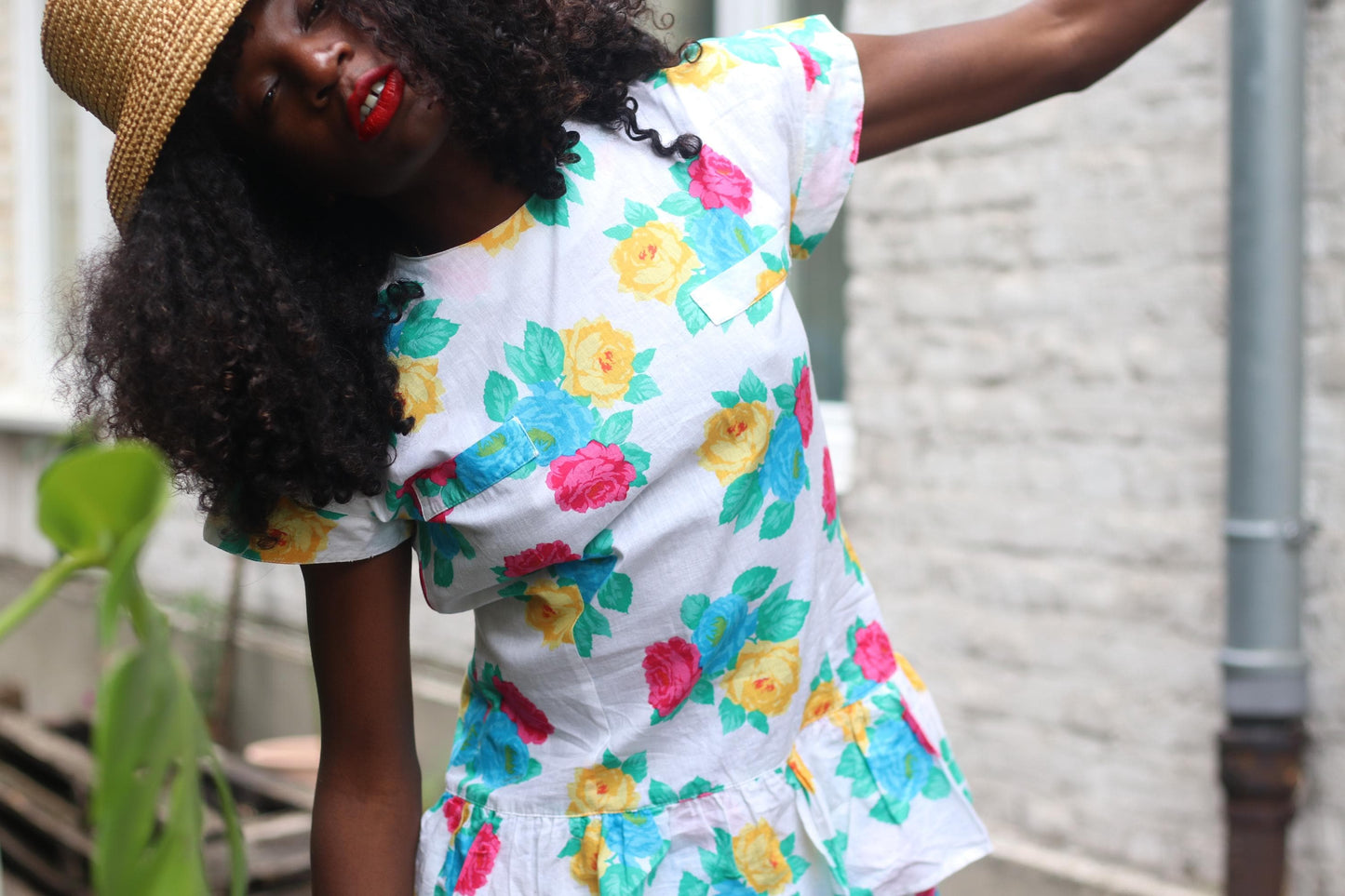 Handmade 80s Floral Peplum Dress, Bright Rose Print, Vintage Summer Party Dress, Cottagecore Garden Tea Dress