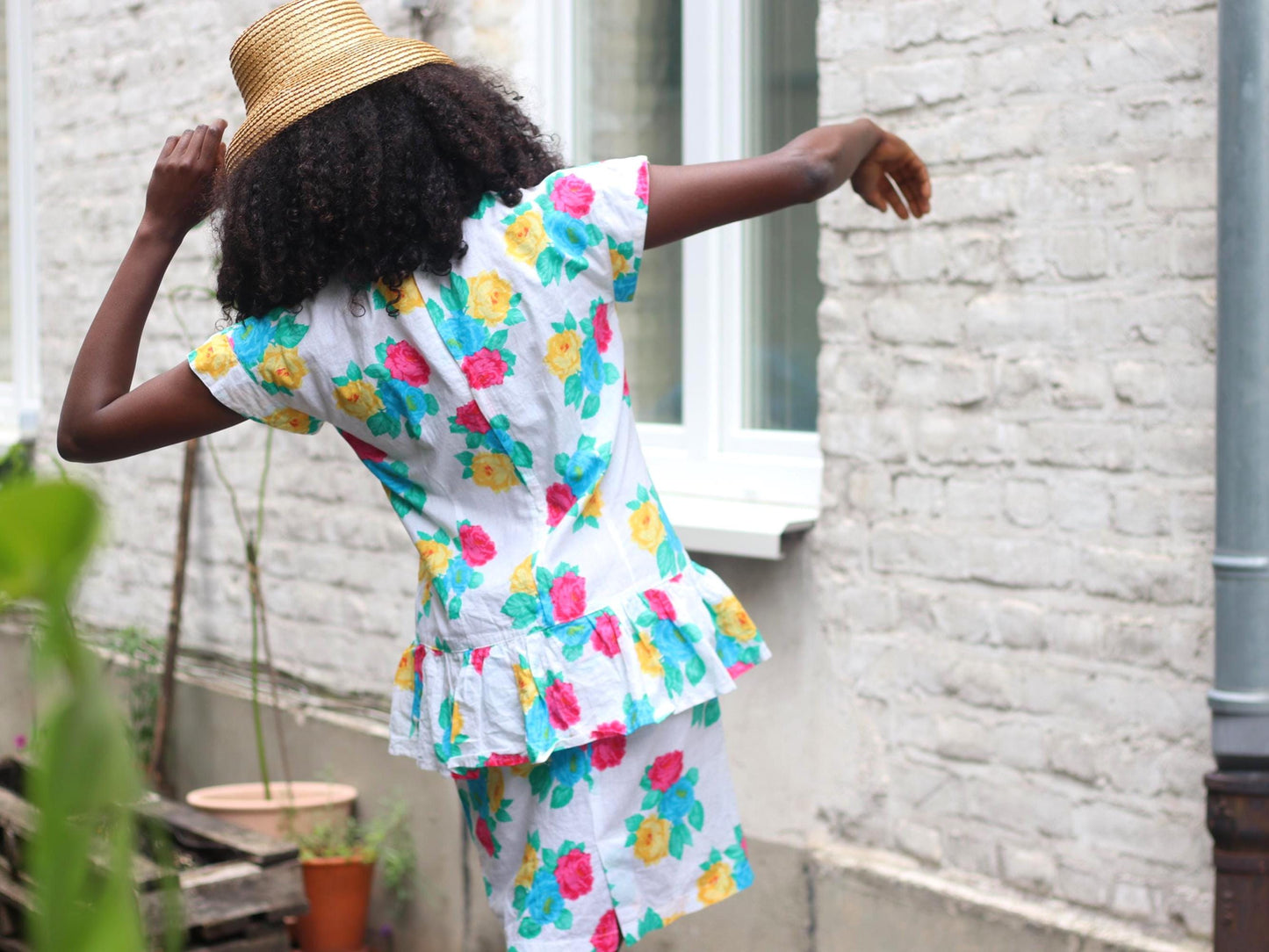 Handmade 80s Floral Peplum Dress, Bright Rose Print, Vintage Summer Party Dress, Cottagecore Garden Tea Dress