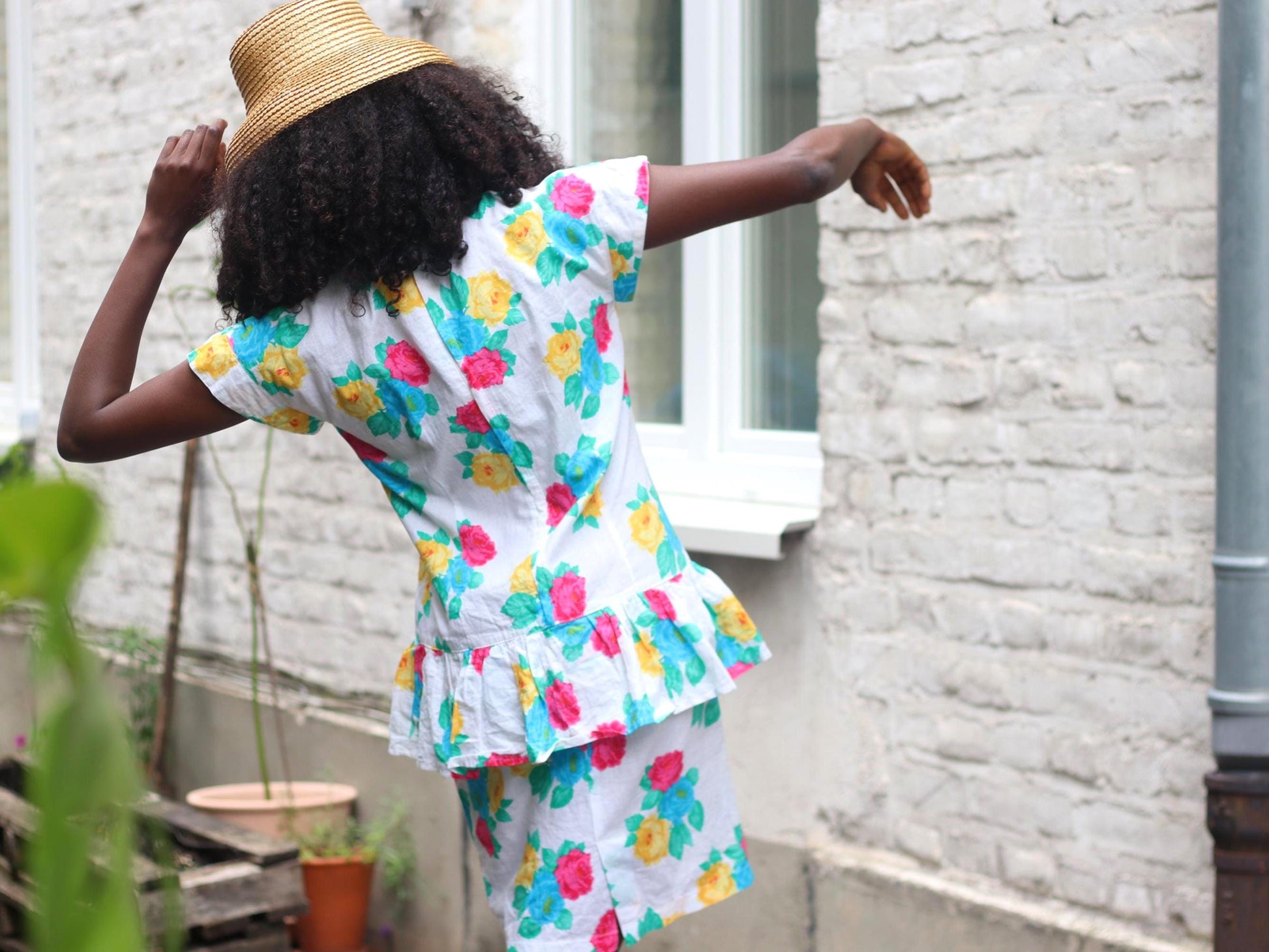 Handmade 80s Floral Peplum Dress, Bright Rose Print, Vintage Summer Party Dress, Cottagecore Garden Tea Dress
