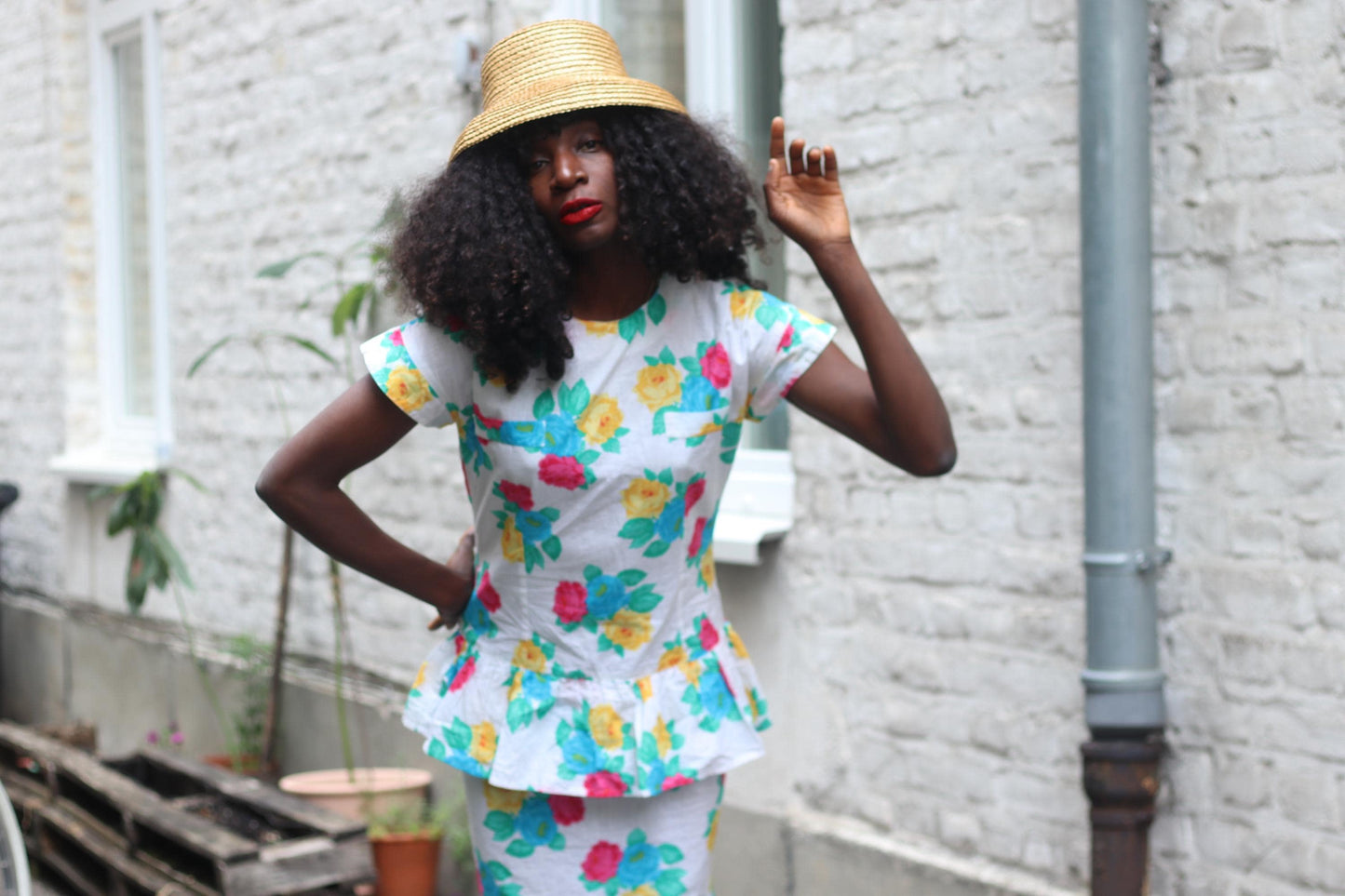 Handmade 80s Floral Peplum Dress, Bright Rose Print, Vintage Summer Party Dress, Cottagecore Garden Tea Dress