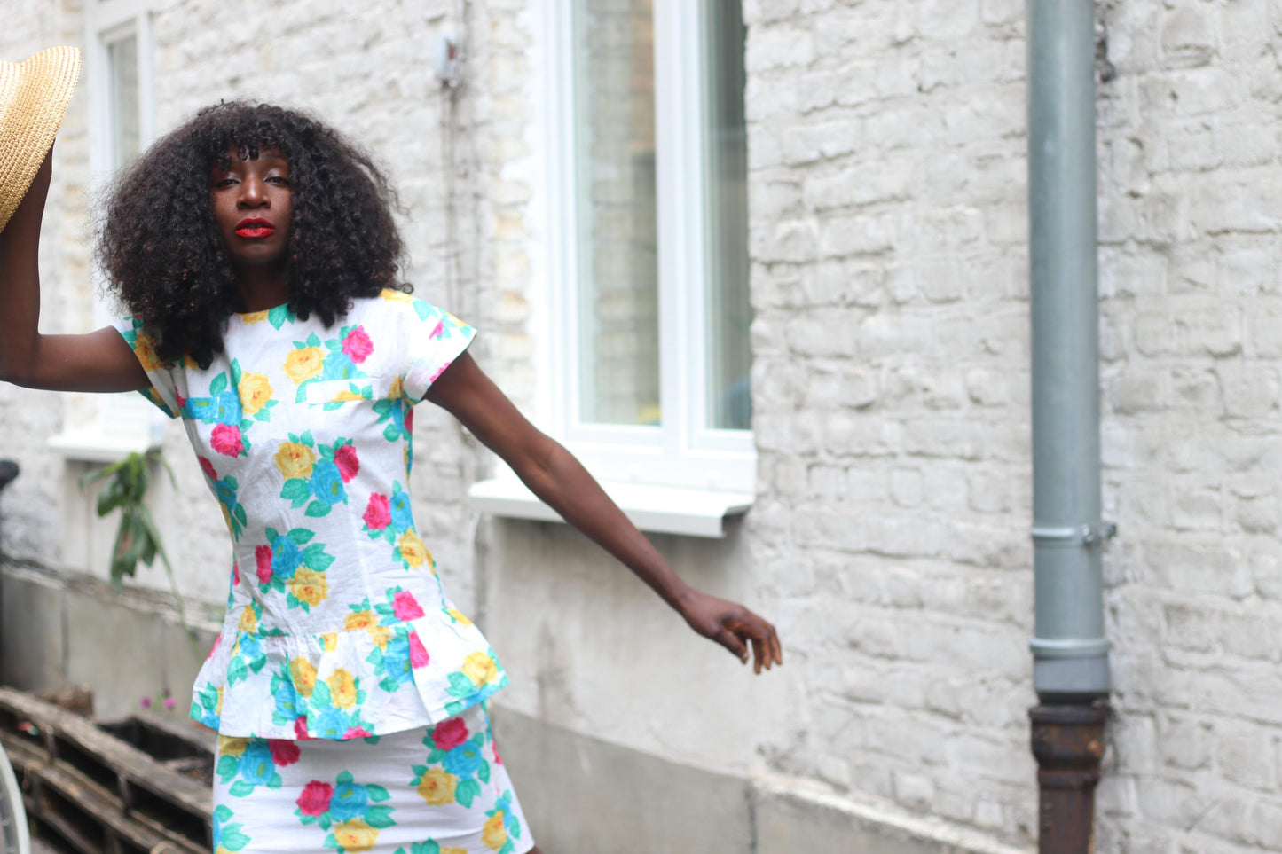 Handmade 80s Floral Peplum Dress, Bright Rose Print, Vintage Summer Party Dress, Cottagecore Garden Tea Dress