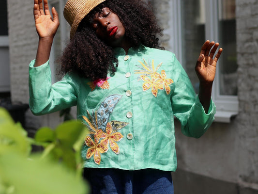 Rare Patchington Blazer| Vintage Silk Green Floral Applique Blazer | 90s lightweight blazer| Maximalist Evening Shirt |