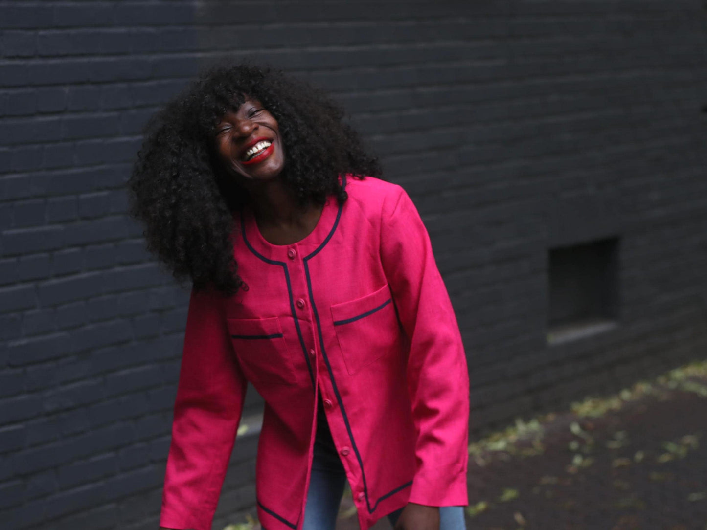 Vintage Pink Blazer 80s | Bold Raspberry Jacket | French Designer | Marcelle Griffon | Navy Trim | Tailored Coat