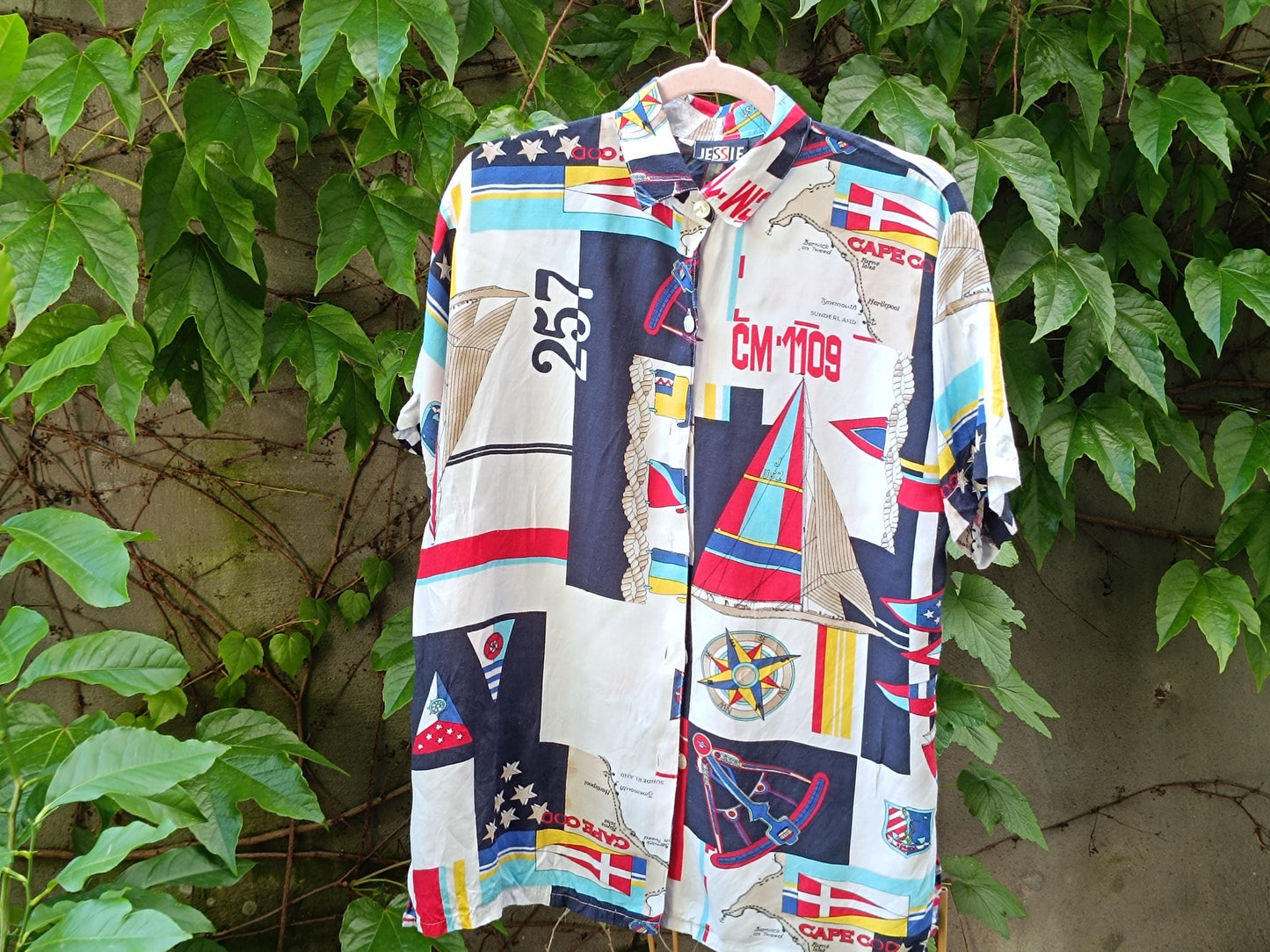 Vintage Nautical Shirt 90s Sailing Print Short Sleeve Button Up Cape Cod Map M/L