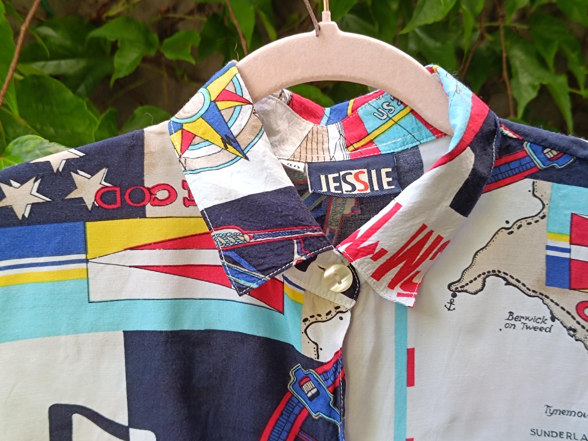 Vintage Nautical Shirt 90s Sailing Print Short Sleeve Button Up Cape Cod Map M/L