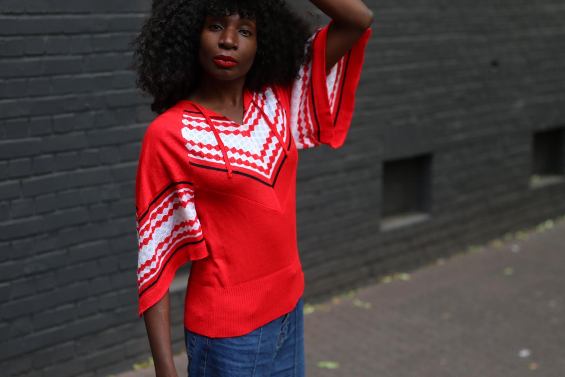 Vintage 70s Red Knit Top| Chevron V-Neck Bell Sleeve Sweater, Boho Festival Jumper, Hippie Retro Pullover, Flowy Knit Statement
