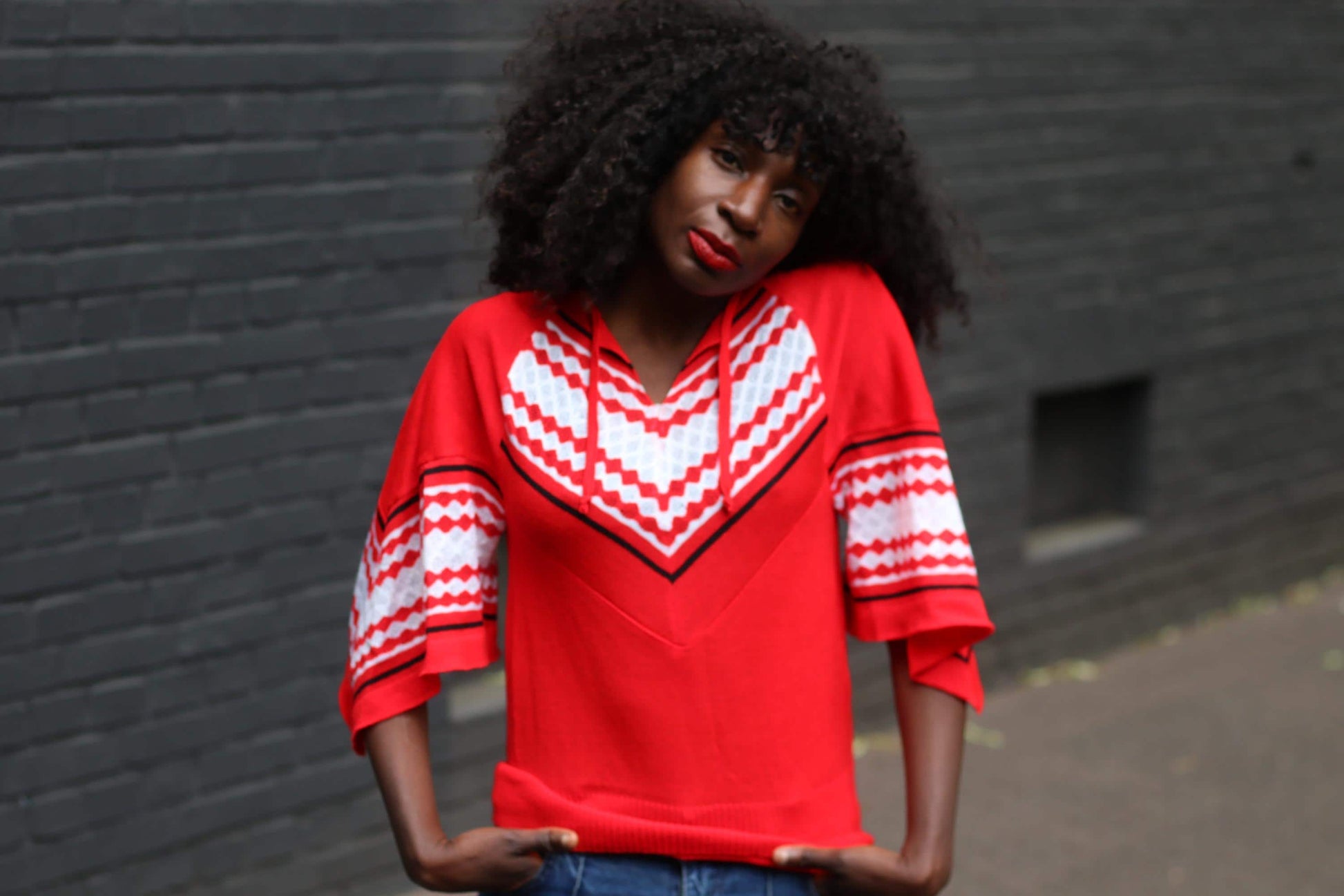 Vintage 70s Red Knit Top| Chevron V-Neck Bell Sleeve Sweater, Boho Festival Jumper, Hippie Retro Pullover, Flowy Knit Statement