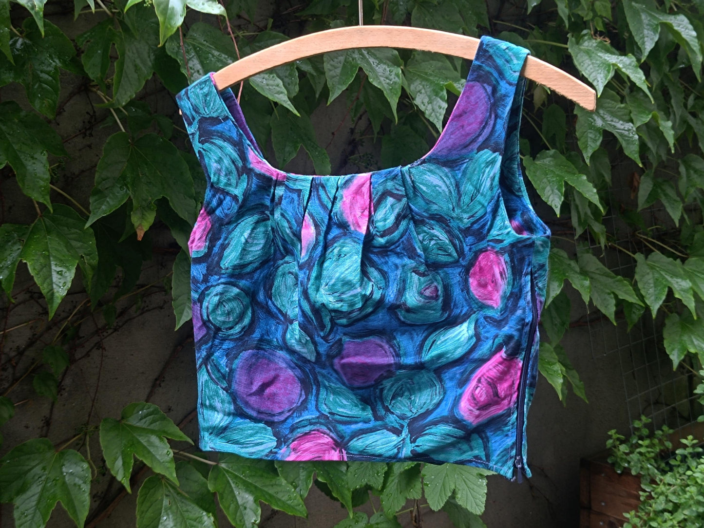 80s Floral Cropped Top: Handmade Vintage Sleeveless Blouse