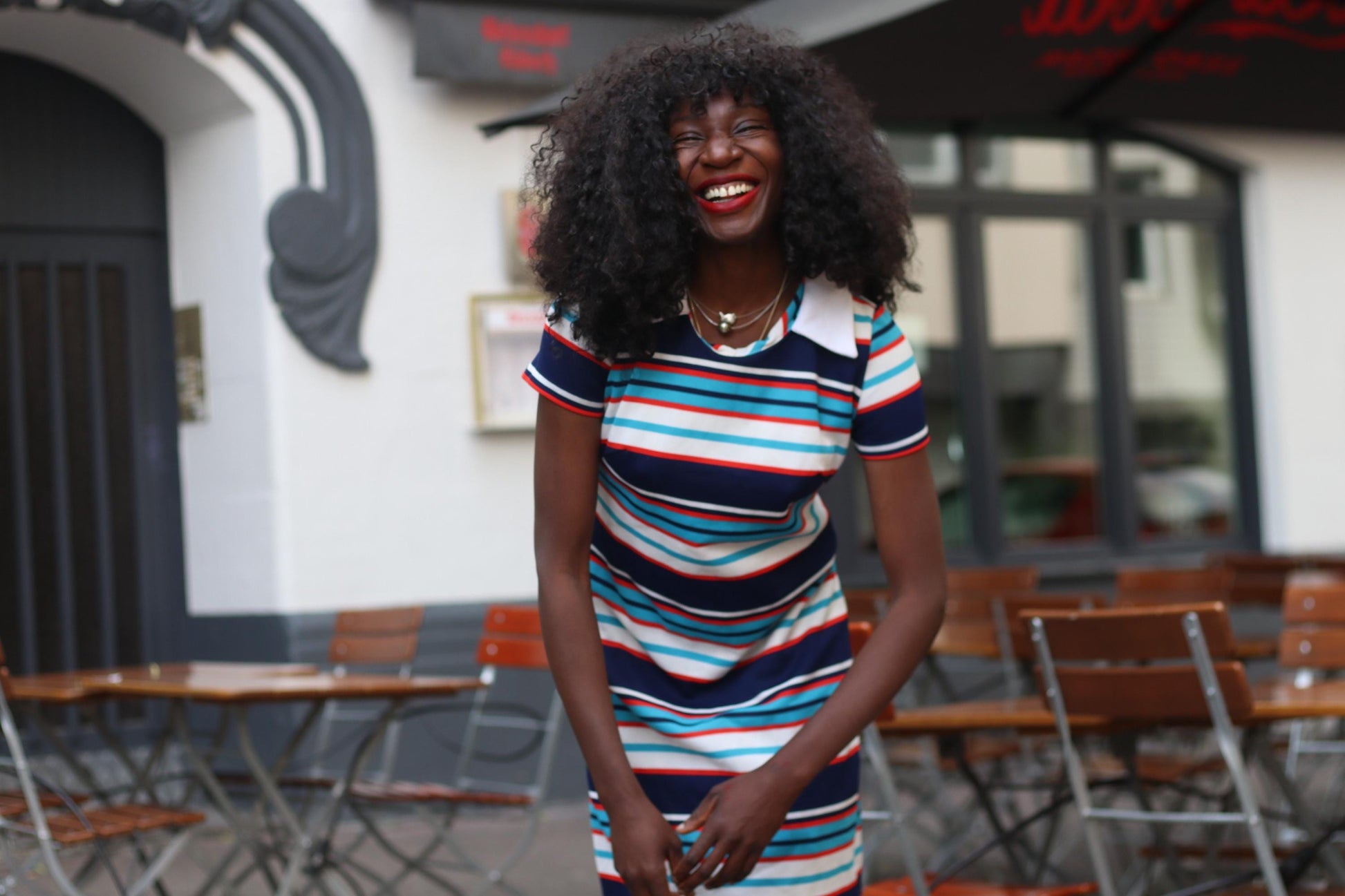 70s Handmade striped dress with statement collar | Vintage Mini Dress with statement stripes
