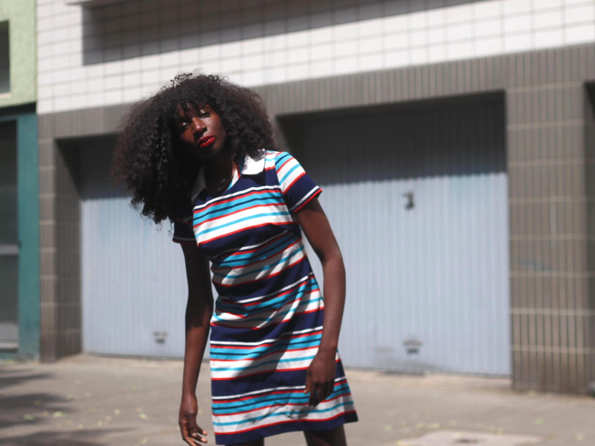 70s Handmade striped dress with statement collar | Vintage Mini Dress with statement stripes