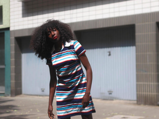 70s Handmade striped dress with statement collar | Vintage Mini Dress with statement stripes