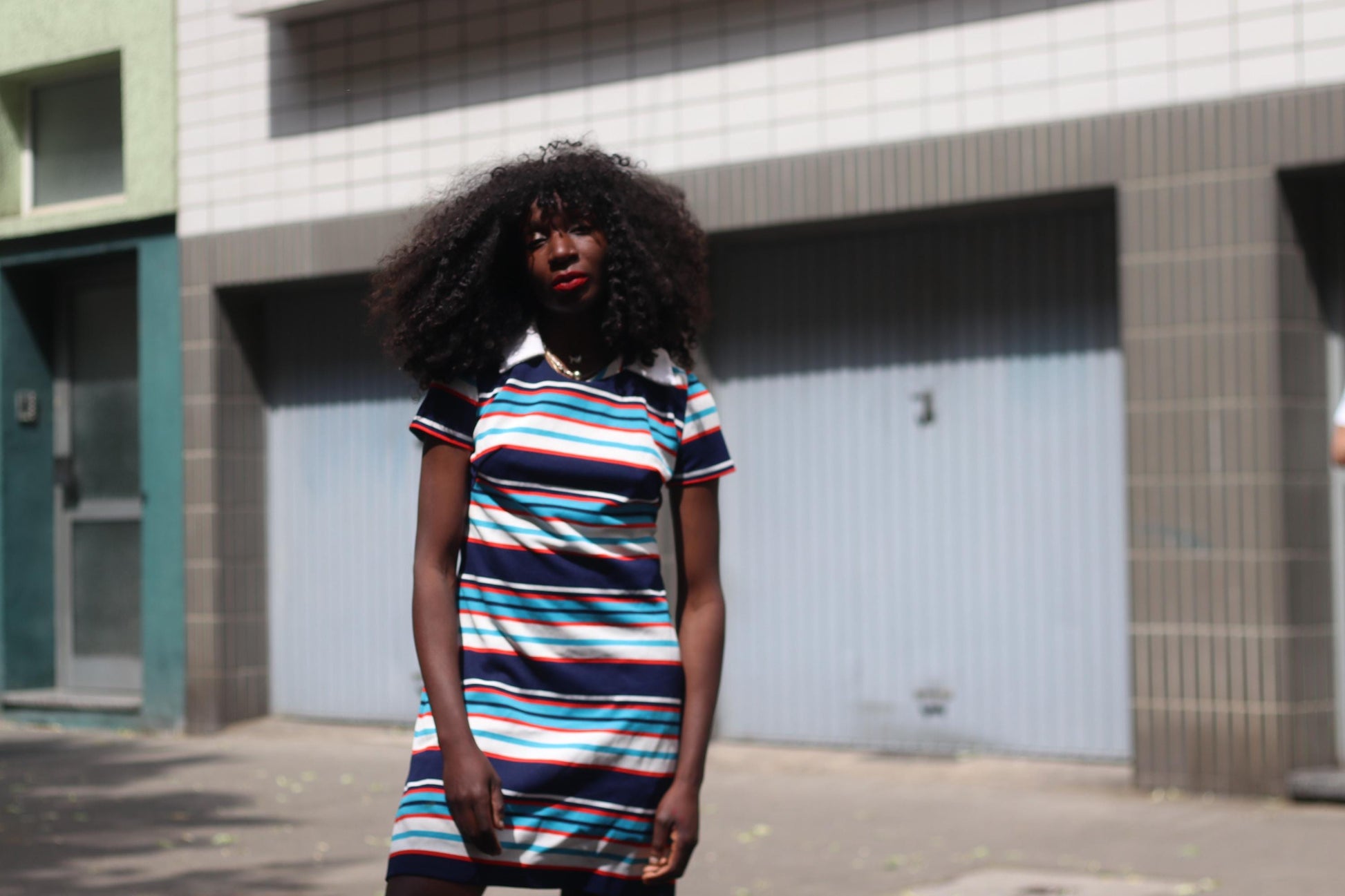 70s Handmade striped dress with statement collar | Vintage Mini Dress with statement stripes