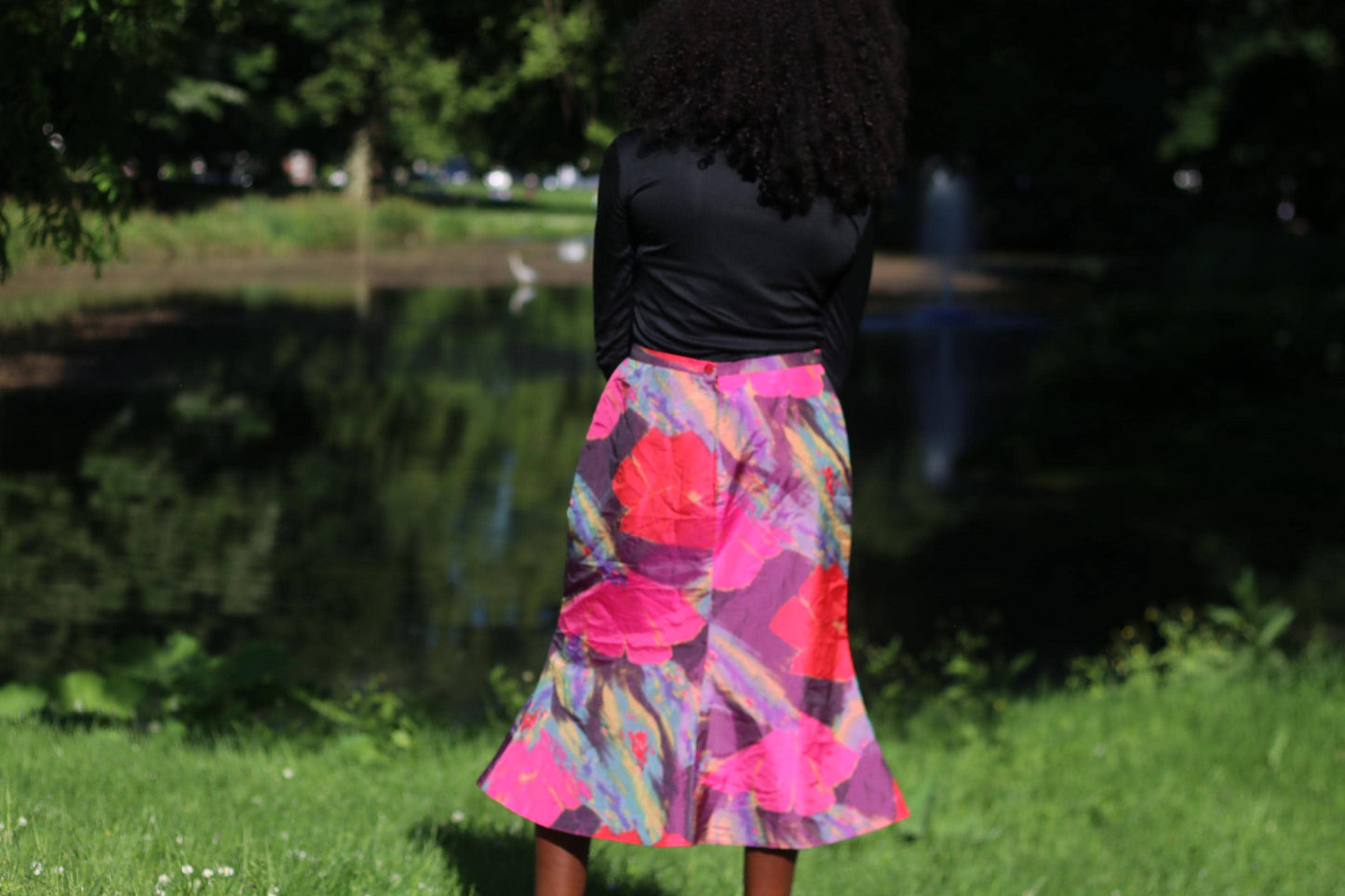 Vintage Abstract Floral Midi Skirt Pink Purple Colorful Artistic A-Line Skirt