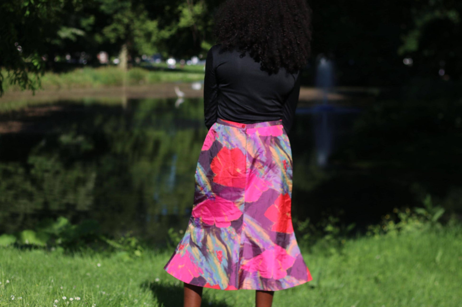 Vintage Abstract Floral Midi Skirt Pink Purple Colorful Artistic A-Line Skirt