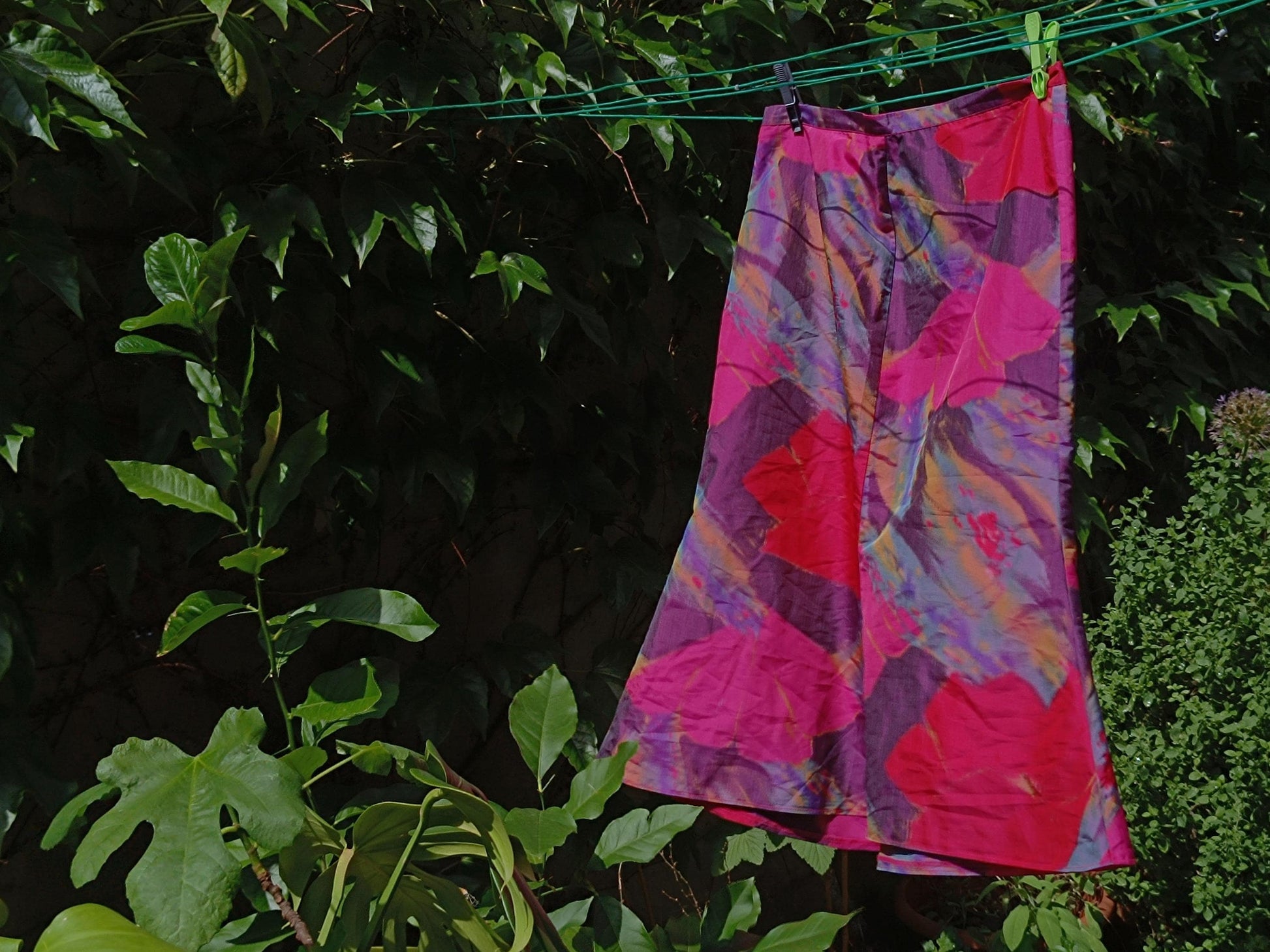 Vintage Abstract Floral Midi Skirt Pink Purple Colorful Artistic A-Line Skirt