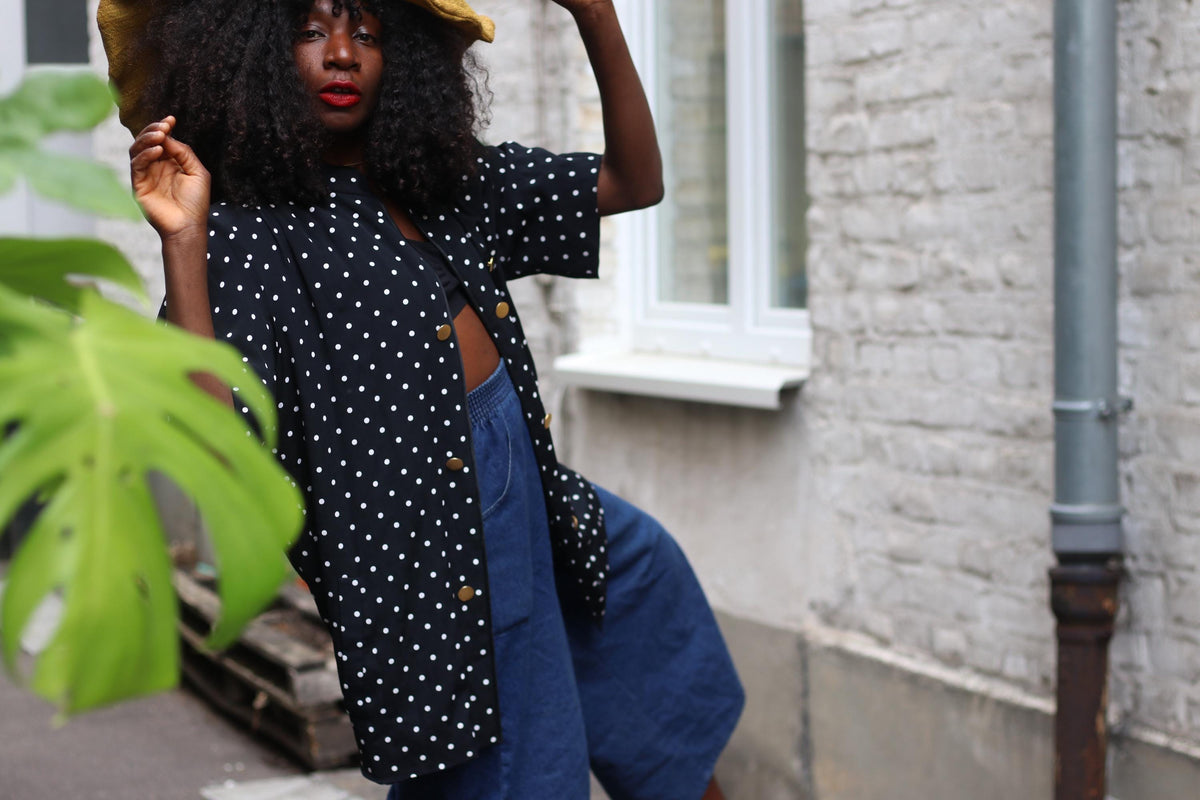 Louis Féraud 80s Polka Dot Blazer | Black Acetate Viscose Duster (S-M)