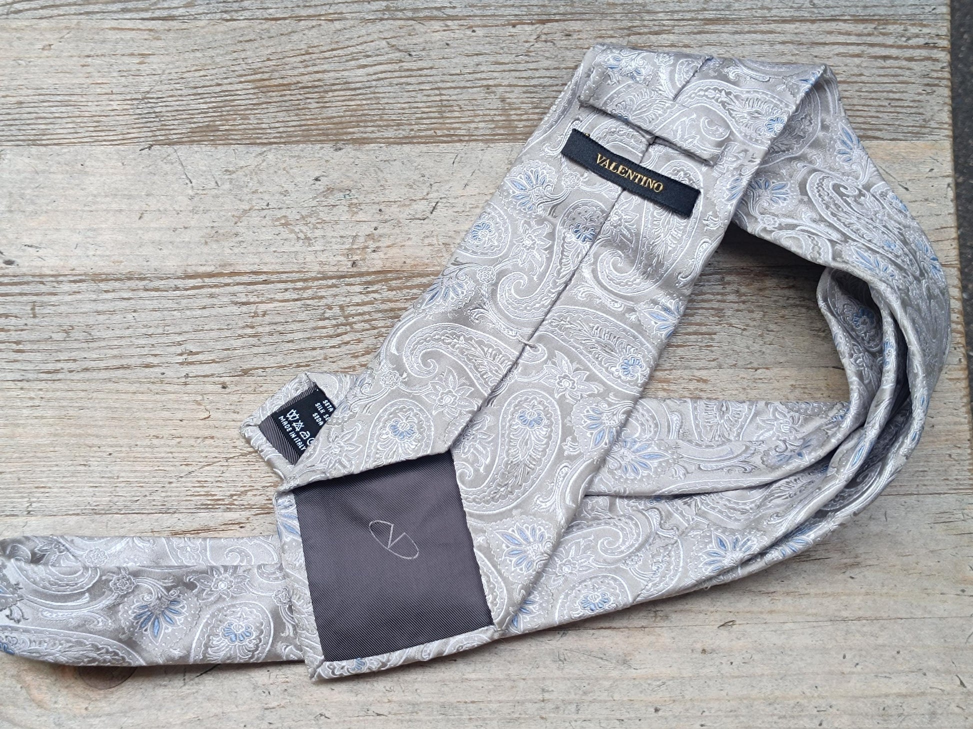Vintage Valentino Tie | Silk Paisley Grey Blue | Designer Necktie Mens Formal Classic Gift