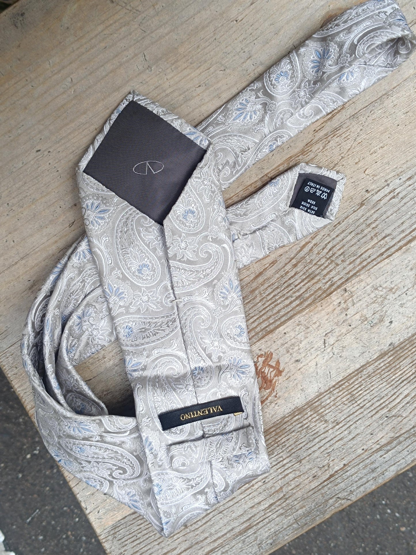 Vintage Valentino Tie | Silk Paisley Grey Blue | Designer Necktie Mens Formal Classic Gift