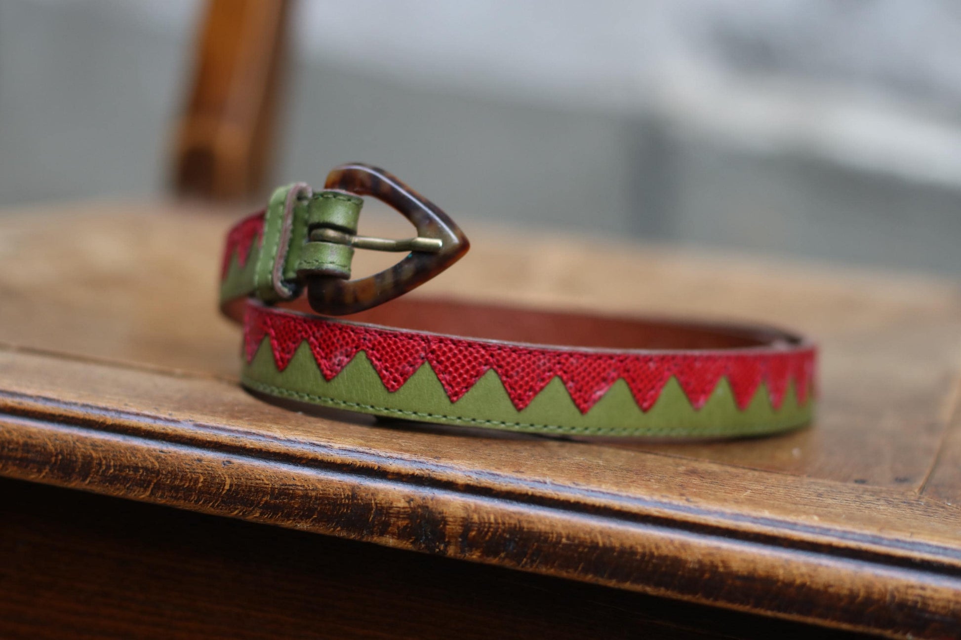 Vintage Red Green Chevron Leather Belt | Tortoiseshell Buckle | Bold Graphic Waist Belt | Unique Statement Accessory