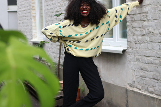 Vintage 90s Oversized Pastel Yellow Sweater, Teal & Navy Geometric Stripe Knit, Cozy Cottagecore Academia Aesthetic