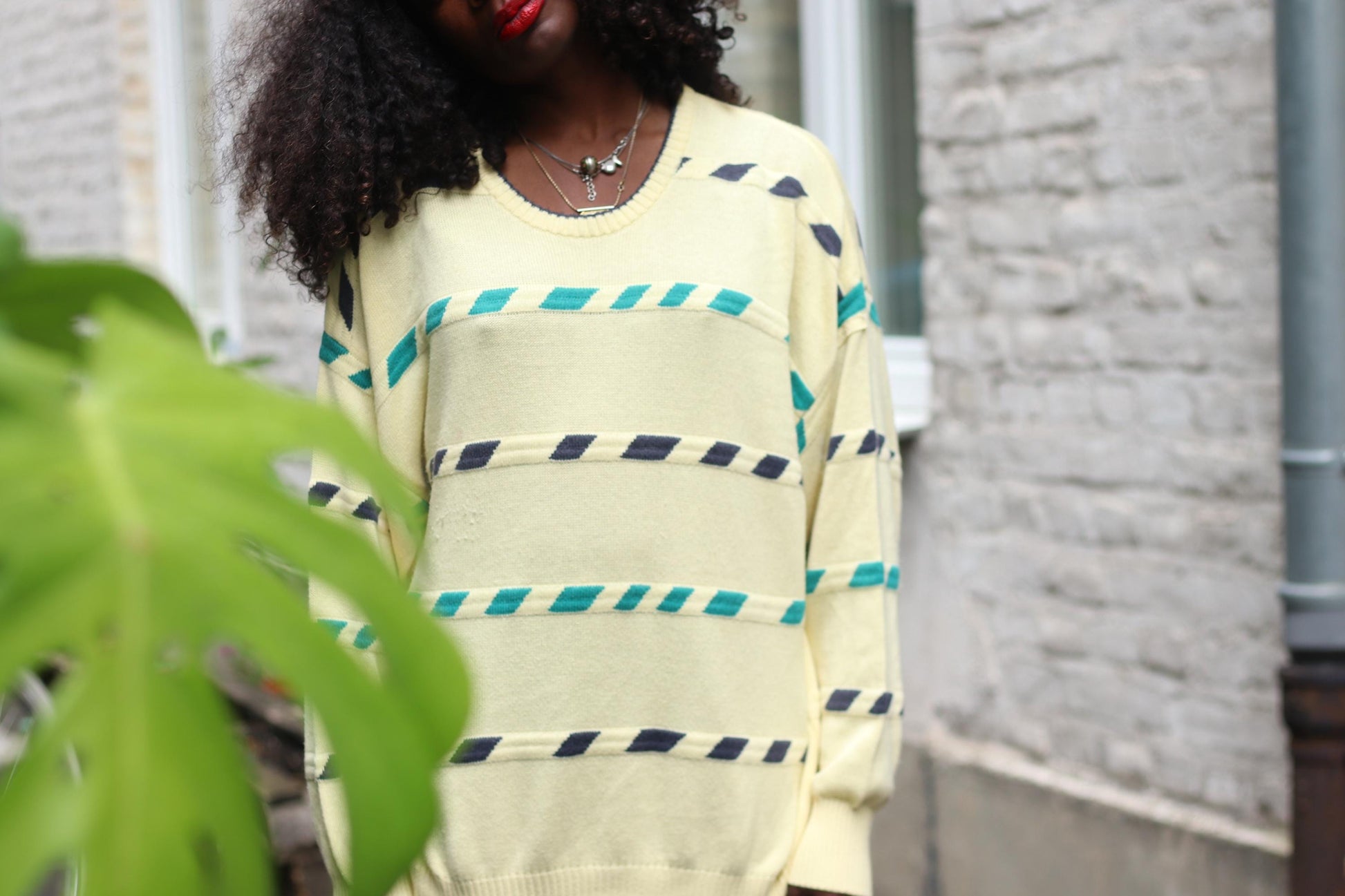 Vintage 90s Oversized Pastel Yellow Sweater, Teal & Navy Geometric Stripe Knit, Cozy Cottagecore Academia Aesthetic