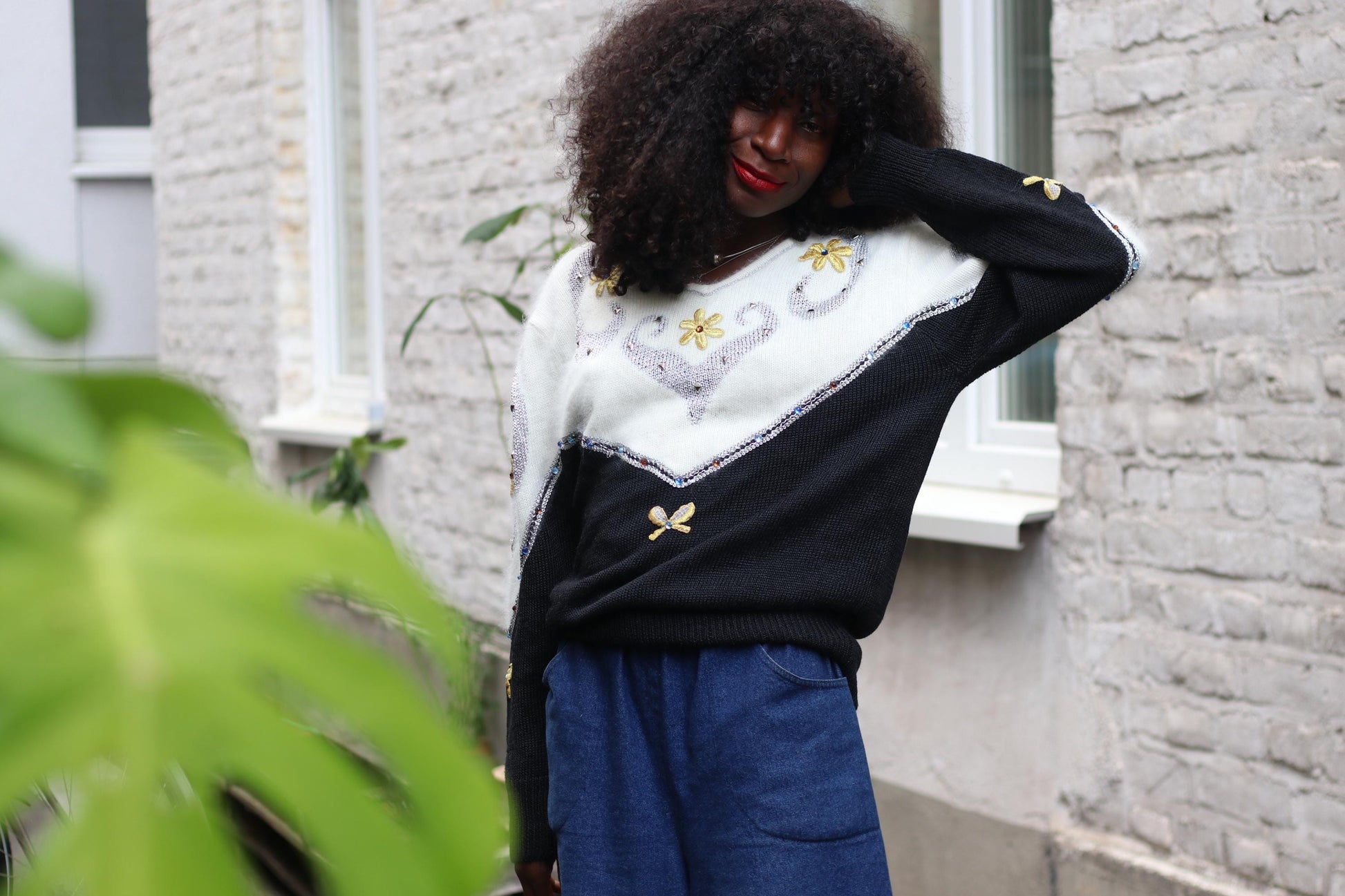 80s Angora Blend Sweater | Vintage Women's Black and White Winter Sweater| Embellished Monochrome Fuzzy Knit
