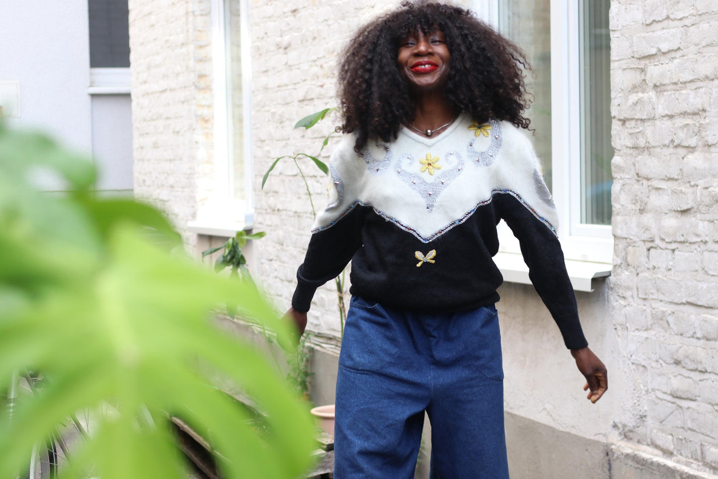 80s Angora Blend Sweater | Vintage Women's Black and White Winter Sweater| Embellished Monochrome Fuzzy Knit