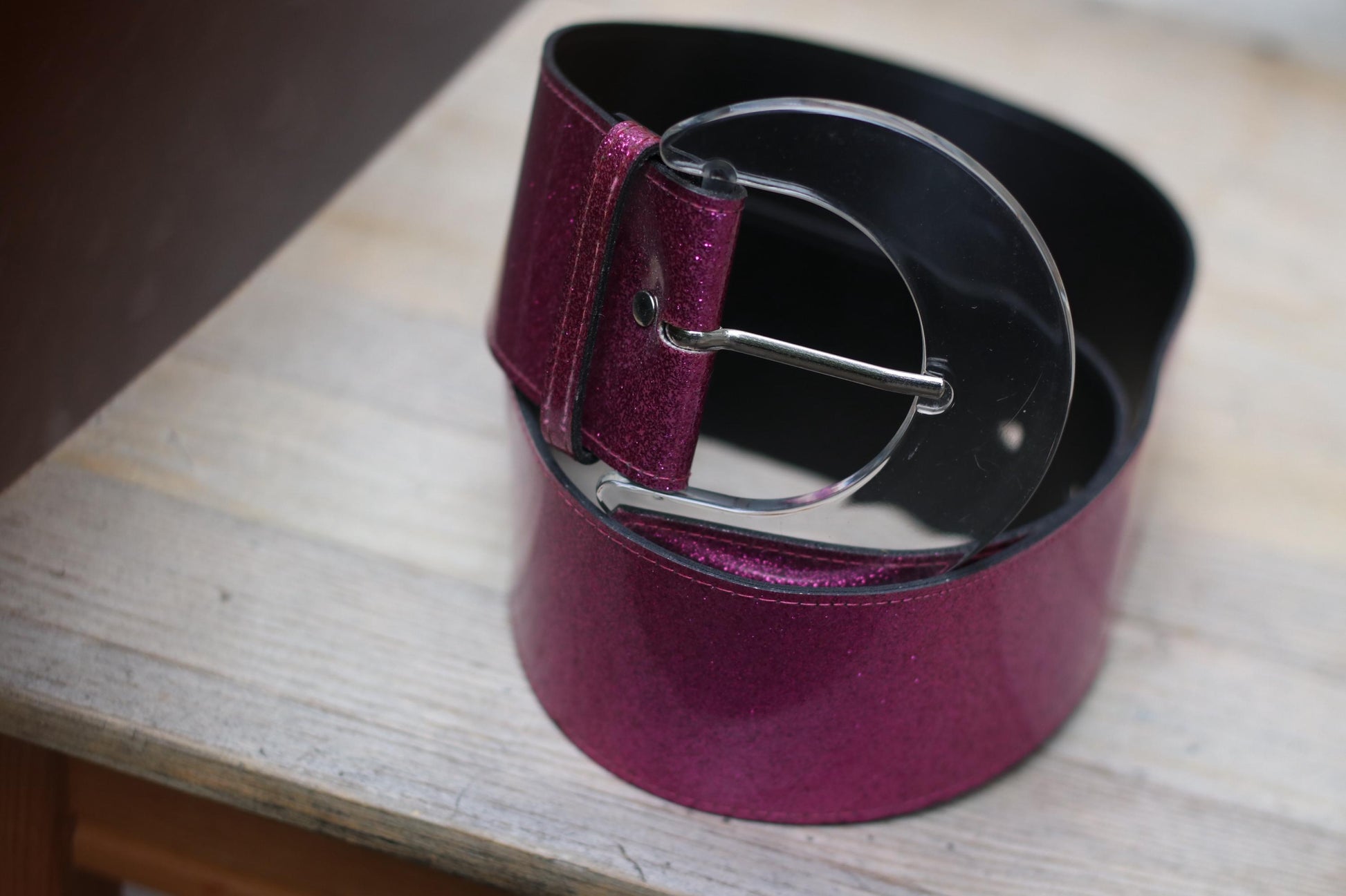 Y2K Magenta Glitter Belt, Wide Black Leather, Clear Half-Moon Buckle, Early 2000s Statement Accessory, Party Festival
