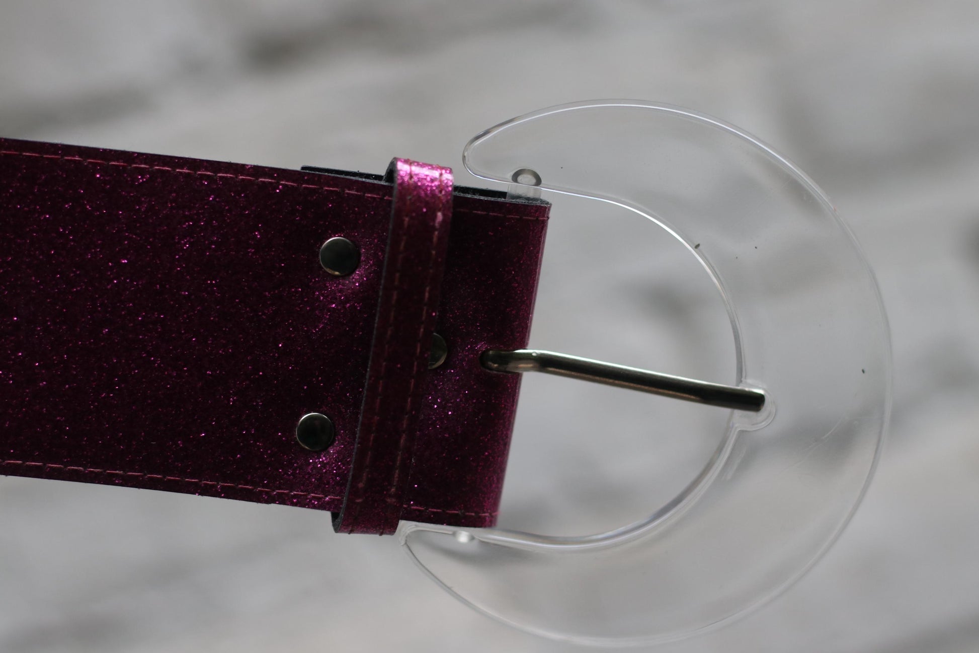 Y2K Magenta Glitter Belt, Wide Black Leather, Clear Half-Moon Buckle, Early 2000s Statement Accessory, Party Festival