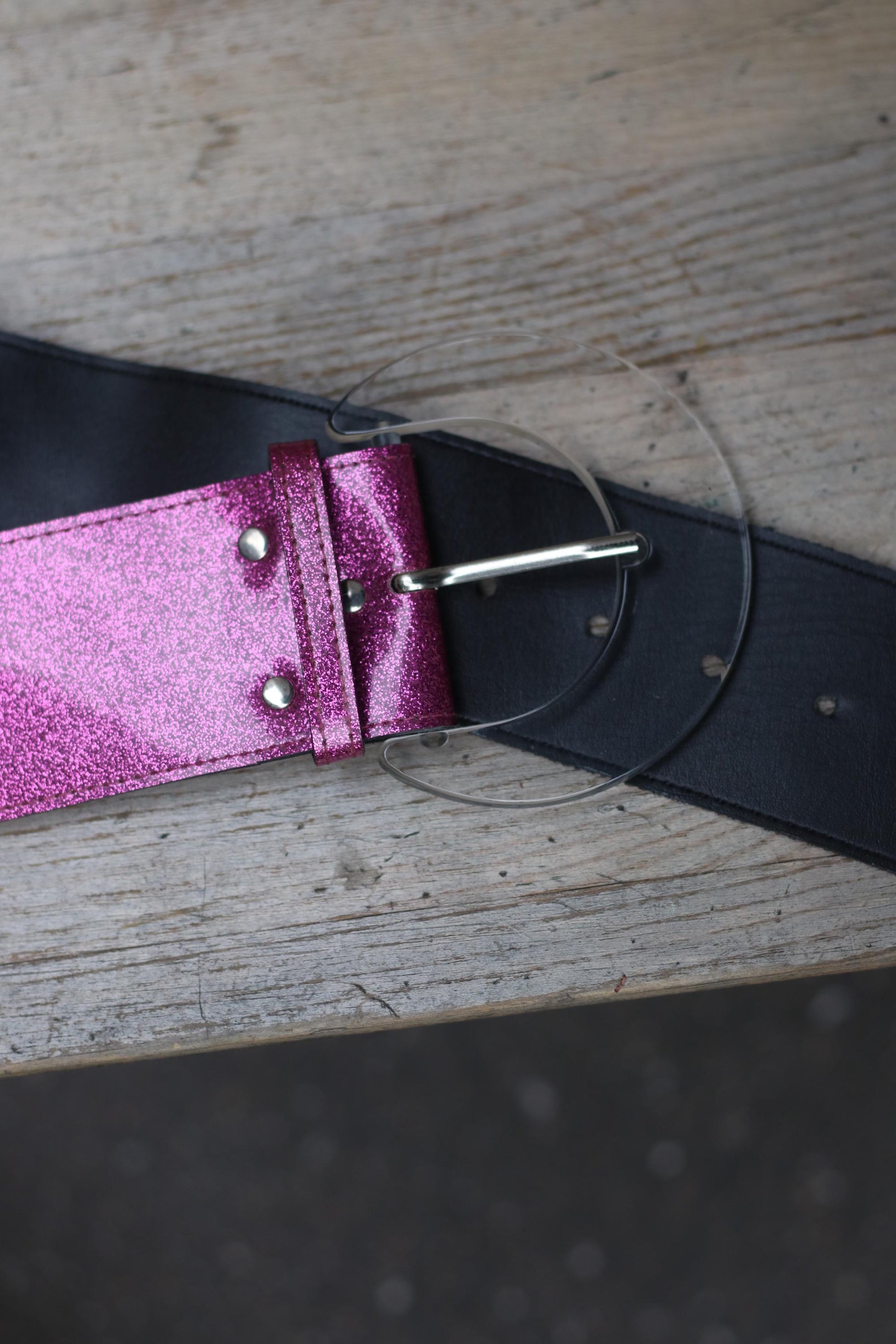 Y2K Magenta Glitter Belt, Wide Black Leather, Clear Half-Moon Buckle, Early 2000s Statement Accessory, Party Festival