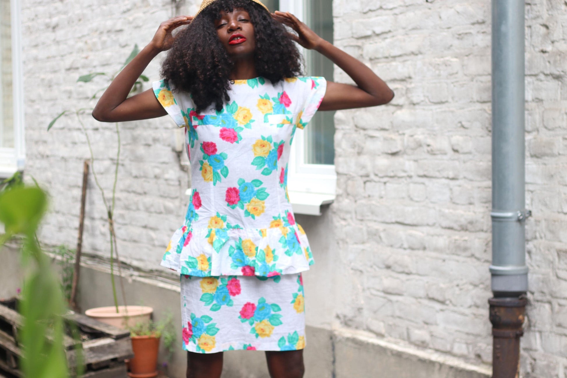 Handmade 80s Floral Peplum Dress, Bright Rose Print, Vintage Summer Party Dress, Cottagecore Garden Tea Dress