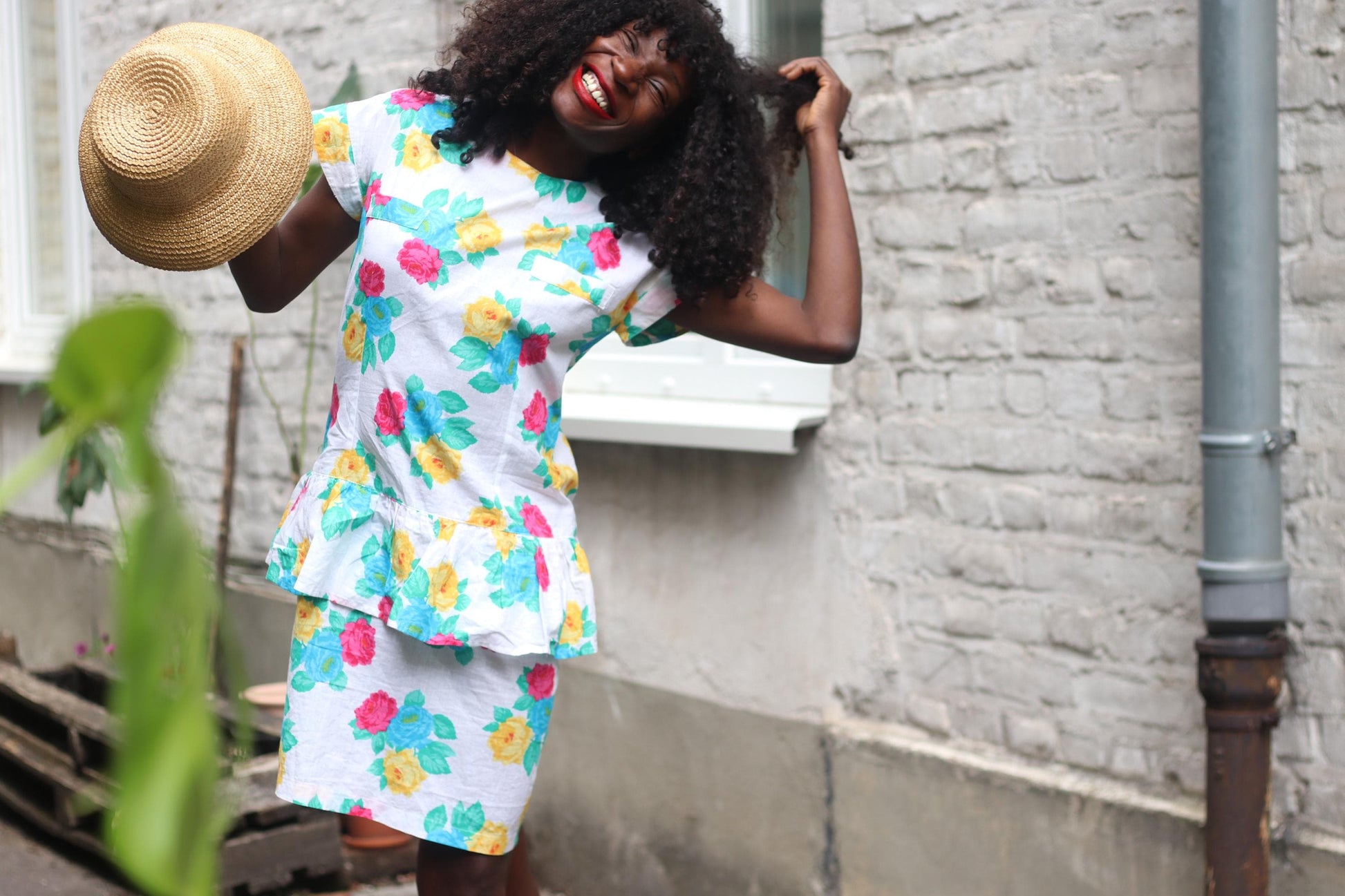 Handmade 80s Floral Peplum Dress, Bright Rose Print, Vintage Summer Party Dress, Cottagecore Garden Tea Dress