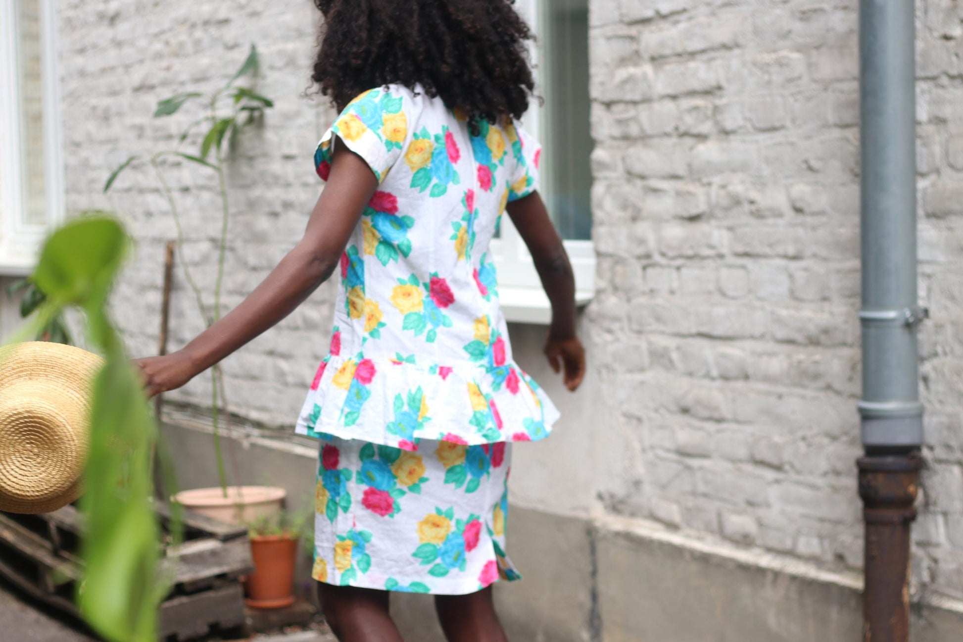 Handmade 80s Floral Peplum Dress, Bright Rose Print, Vintage Summer Party Dress, Cottagecore Garden Tea Dress
