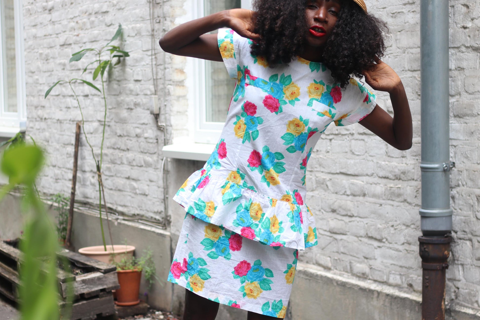 Handmade 80s Floral Peplum Dress, Bright Rose Print, Vintage Summer Party Dress, Cottagecore Garden Tea Dress