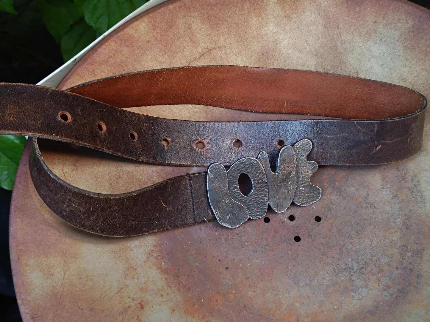 Vintage Love Belt Buckle, Distressed Leather Belt, Boho Hippie Accessory, Rustic Western Waist Belt, Unique Statement Piece