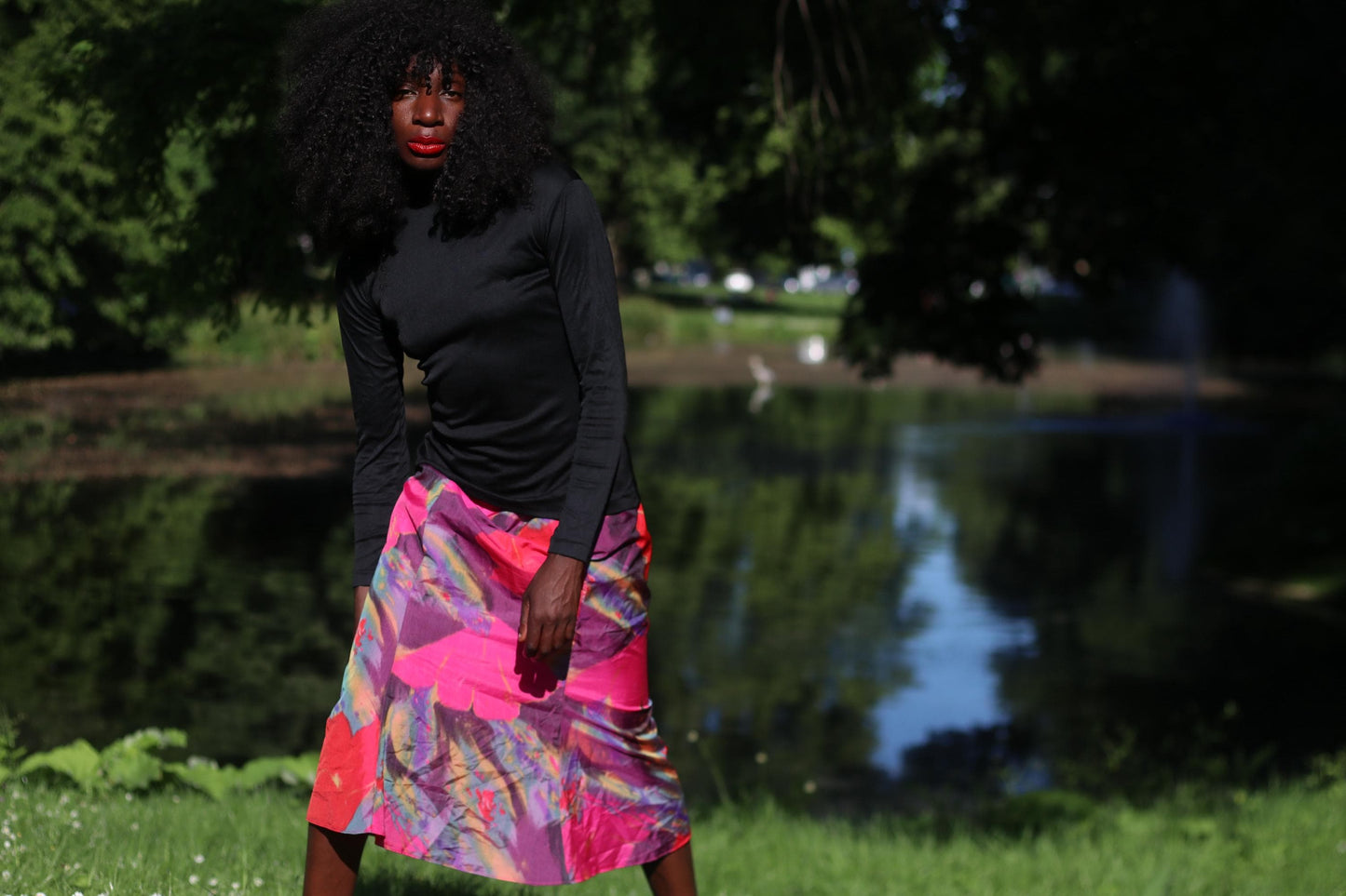 Vintage Abstract Floral Midi Skirt Pink Purple Colorful Artistic A-Line Skirt