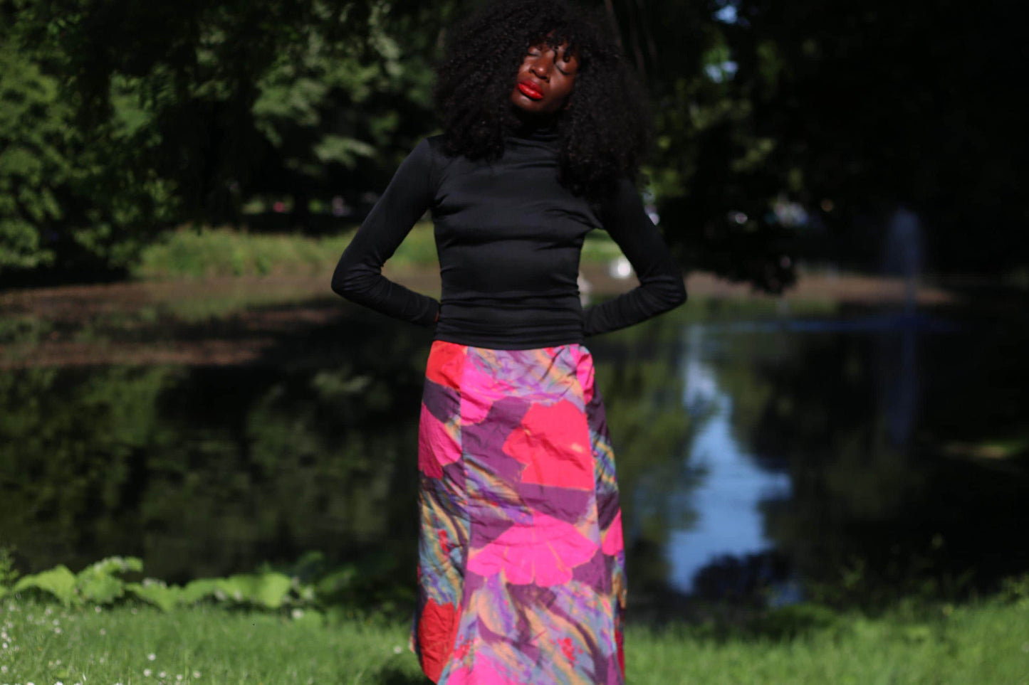 Vintage Abstract Floral Midi Skirt Pink Purple Colorful Artistic A-Line Skirt