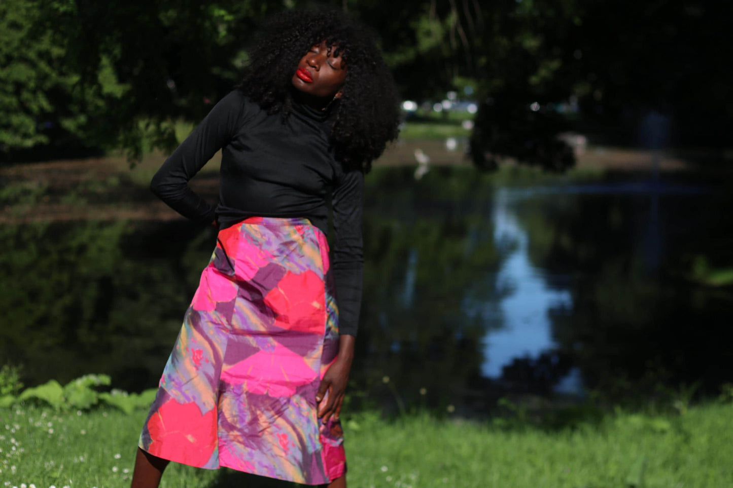 Vintage Abstract Floral Midi Skirt Pink Purple Colorful Artistic A-Line Skirt