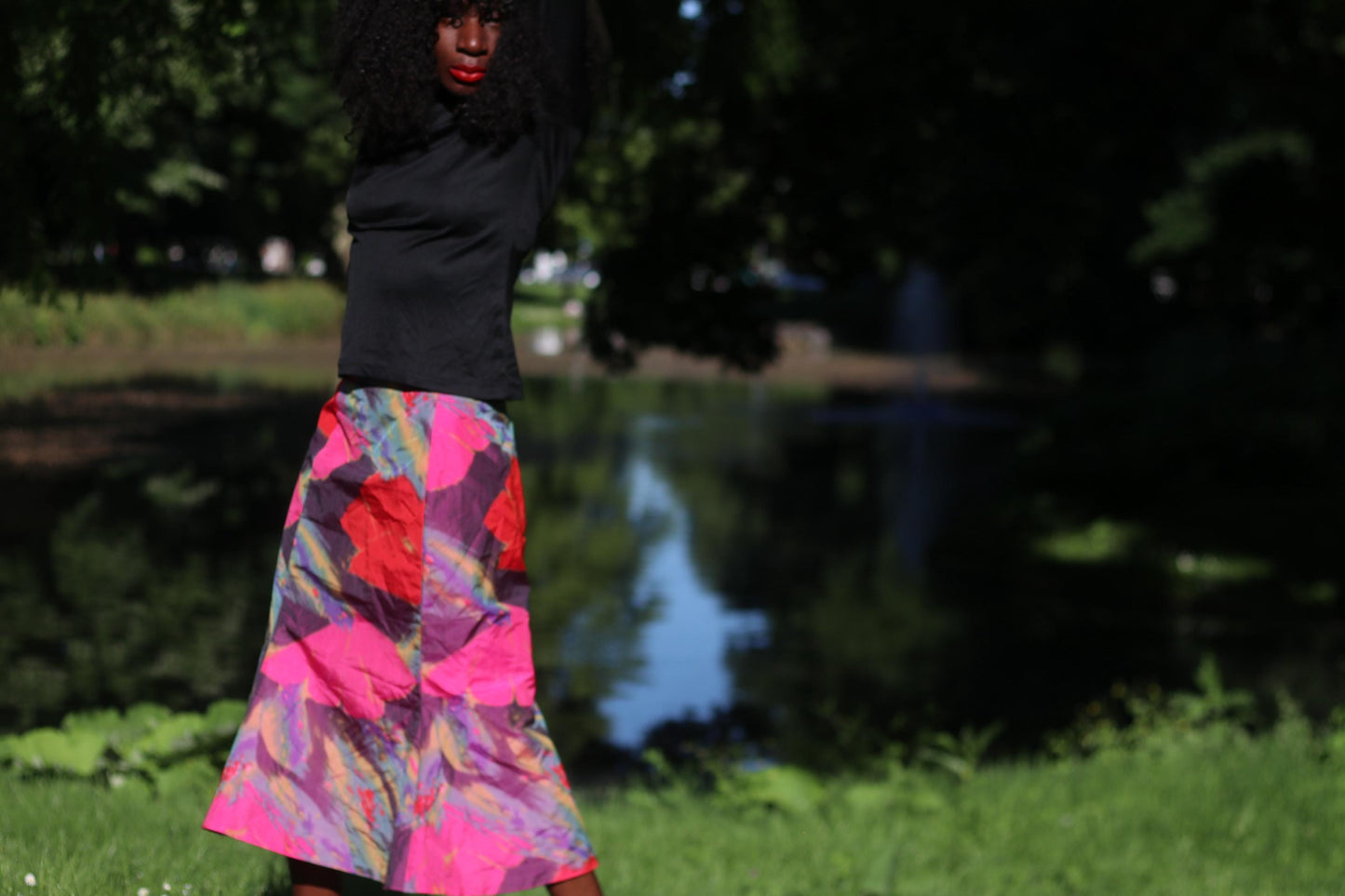 Vintage Abstract Floral Midi Skirt Pink Purple Colorful Artistic A-Line Skirt