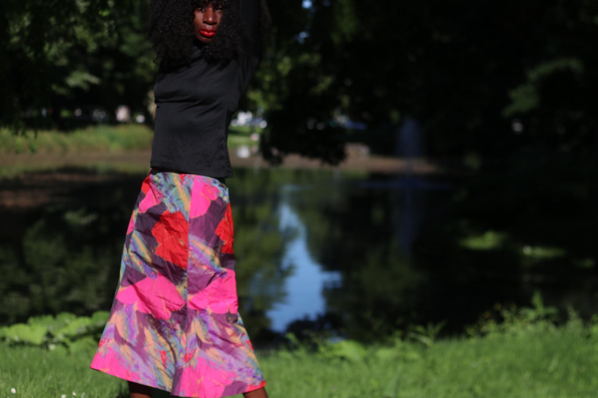 Vintage Abstract Floral Midi Skirt Pink Purple Colorful Artistic A-Line Skirt